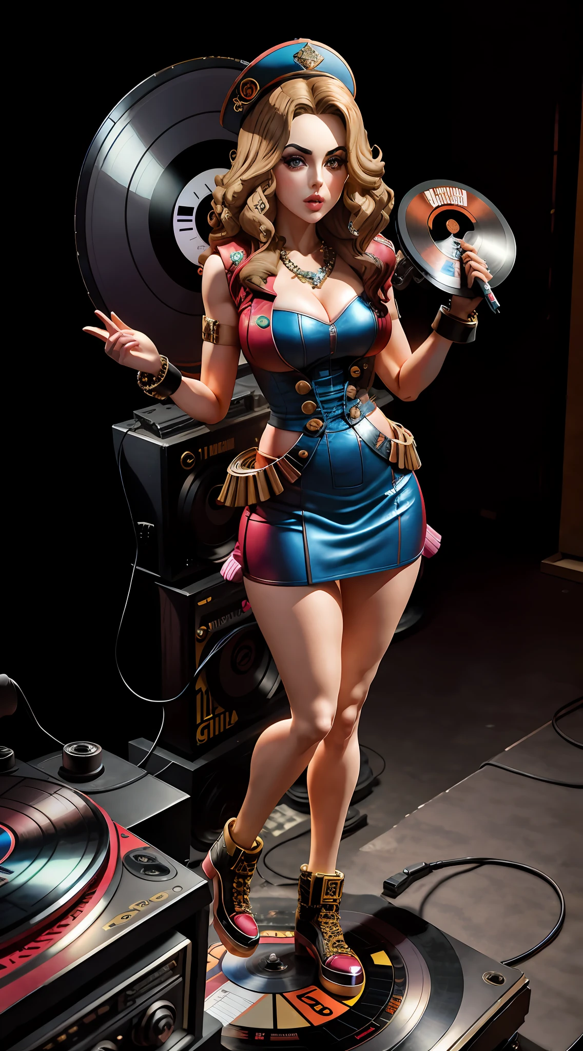 Elizabeth gillies looking at the audience, full body in high definition with a vinyl record for the footrest in an excellent evolution 8k (( Miniature toy for collection))