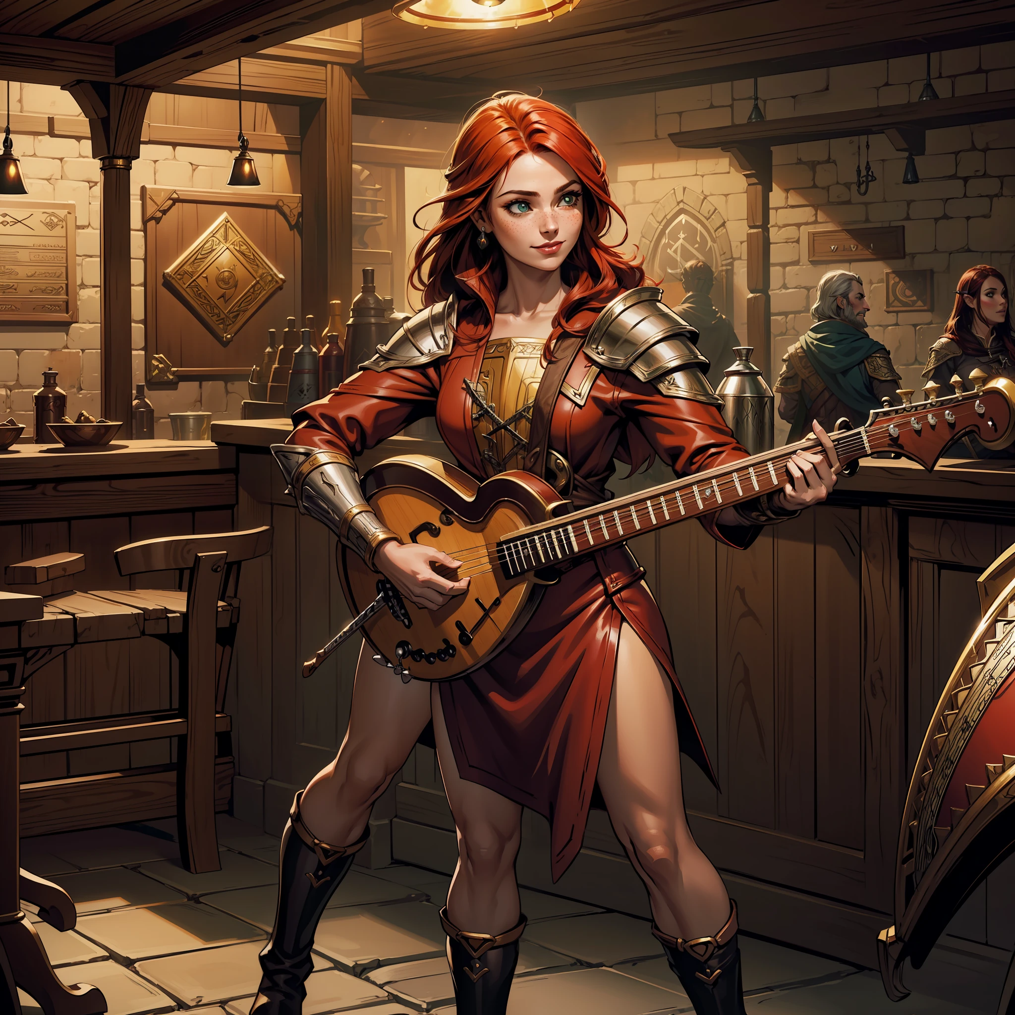 (extremely detailed 8k wallpaper:1.2), (best quality:1.2), (adventure and fantasy theme), profile (Paizo Pathfinder RPG character and Dungeons & Dragons), (((human race woman))), young, beautiful, sharp focus, (subsurface scattering:1.1), award-winning photography, ((Bard Class:1.3)), ((full body shot:1.1)), centered face, long red hair, freckles on the face, green eyes:1.2, smiling, wearing red leather armor, musical instrument in hand, (standing in tavern:1.3), (very detailed background:1.2), dramatic lighting, sfw