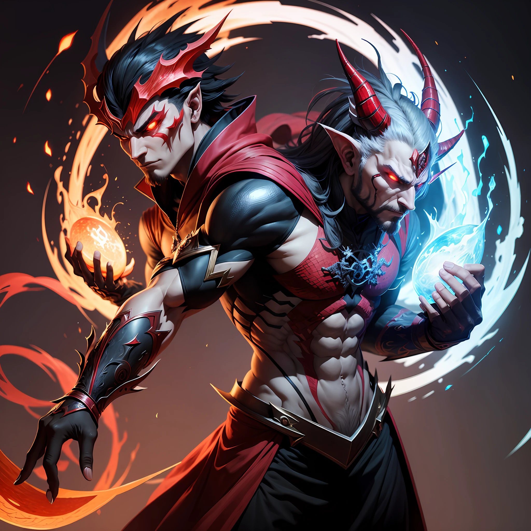 Wizard man with dragon aspects maintaining the form of man but having gara tail scales and dragon eyes keep the colors black and red