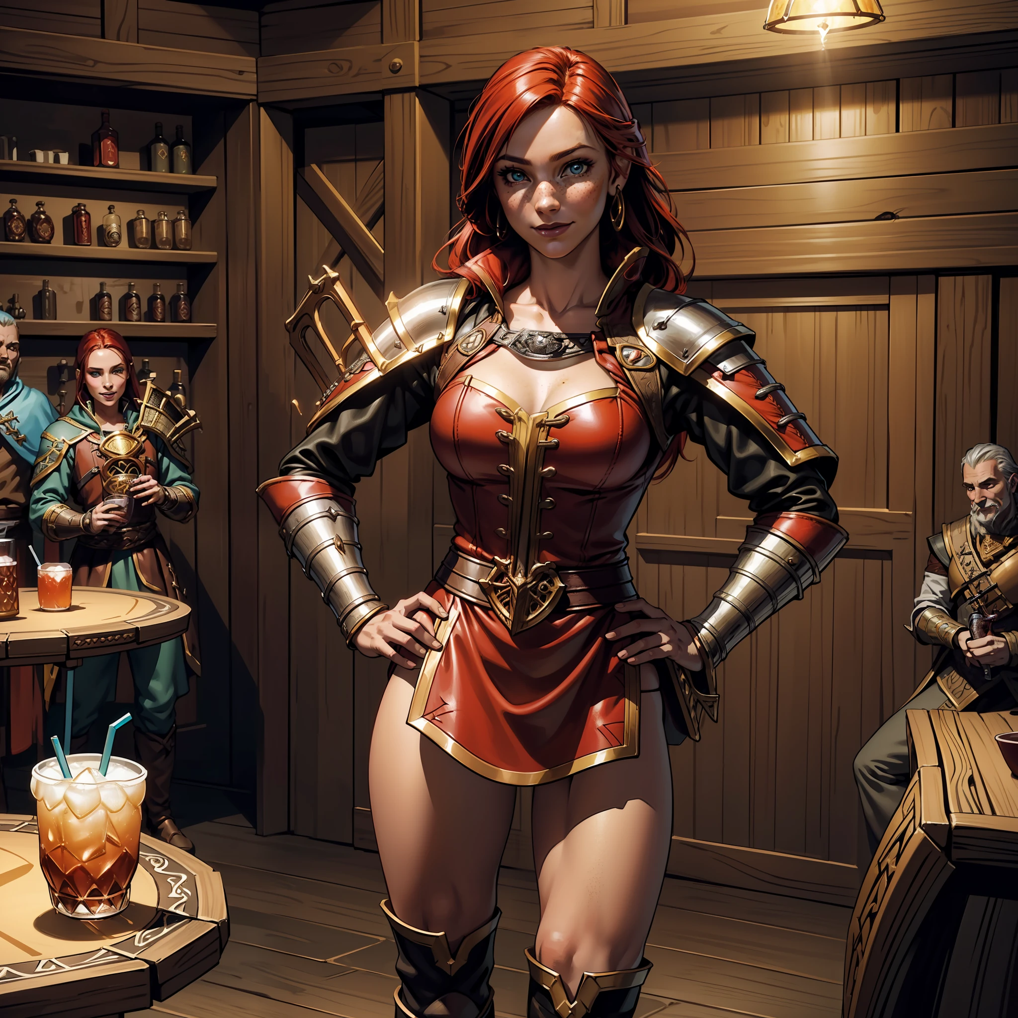 (extremely detailed 8k wallpaper:1.2), (best quality:1.2), (adventure and fantasy theme), profile (Paizo Pathfinder RPG character and Dungeons & Dragons), (((human race woman))), young, beautiful, sharp focus, (subsurface scattering:1.1), award-winning photography, ((Bard Class:1.3)), ((full body shot:1.1)), centered face, long red hair, freckles on the face, green eyes:1.2, smiling, wearing red leather armor, musical instrument in hand, (standing in the tavern near a table with drink:1.3), (very detailed background:1.2),dramatic lighting, sfw