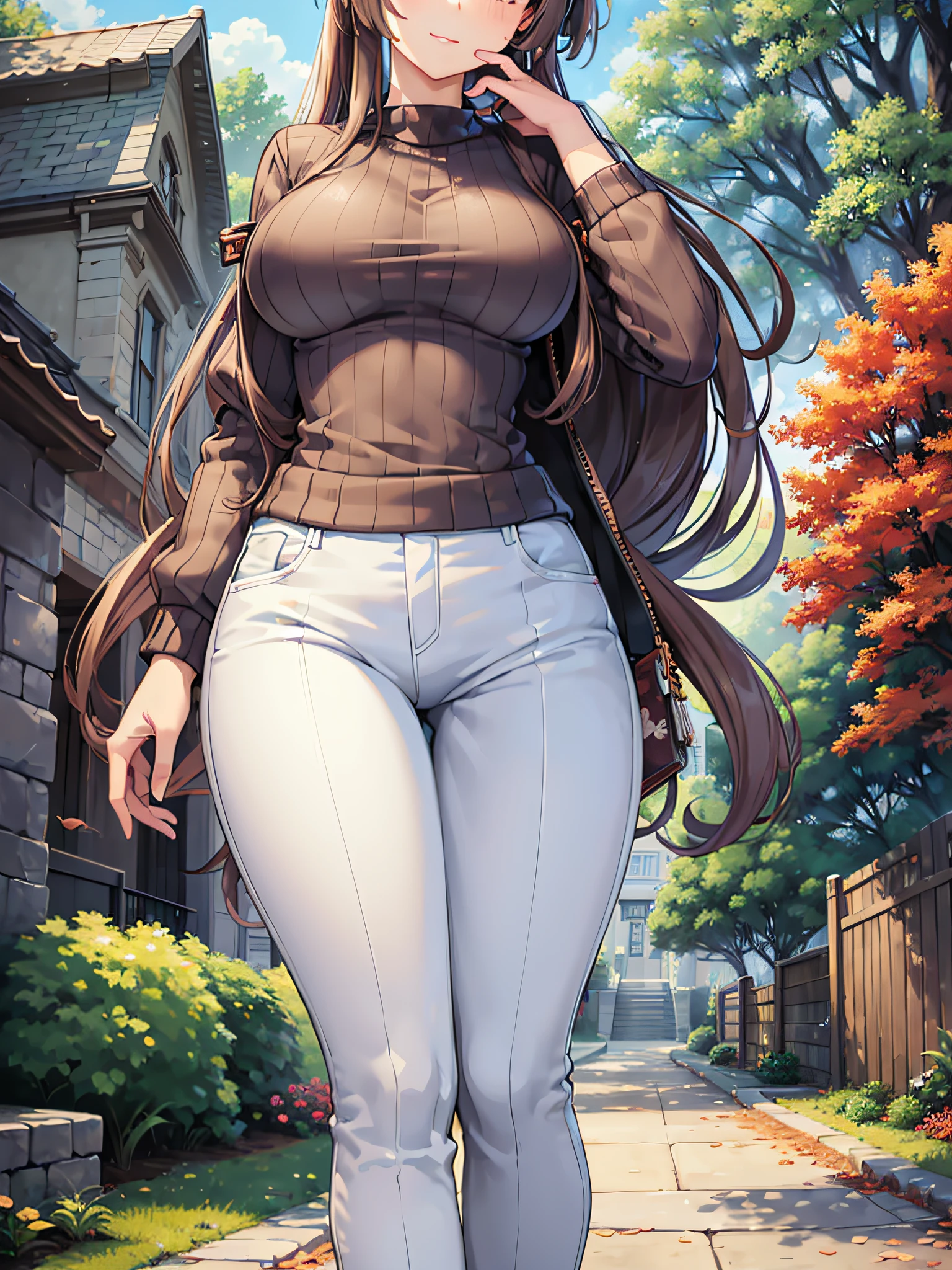 (masterpiece)), ((best quality)), (ultra-detailed), ((kawaii)), cute, (lovely), ((extremely detailed)), 4K, (8K), best quality, (beautiful),(((world-class quality))), extremely detailed, high resolution, (detailed shaded pretty face), full body, ager, solo, (((gigantic breasts))), (((sagging breasts))), spring_costume, (brown sweater), (sweater), (ribbed_sweater), (long_sleeves), (white_pants),