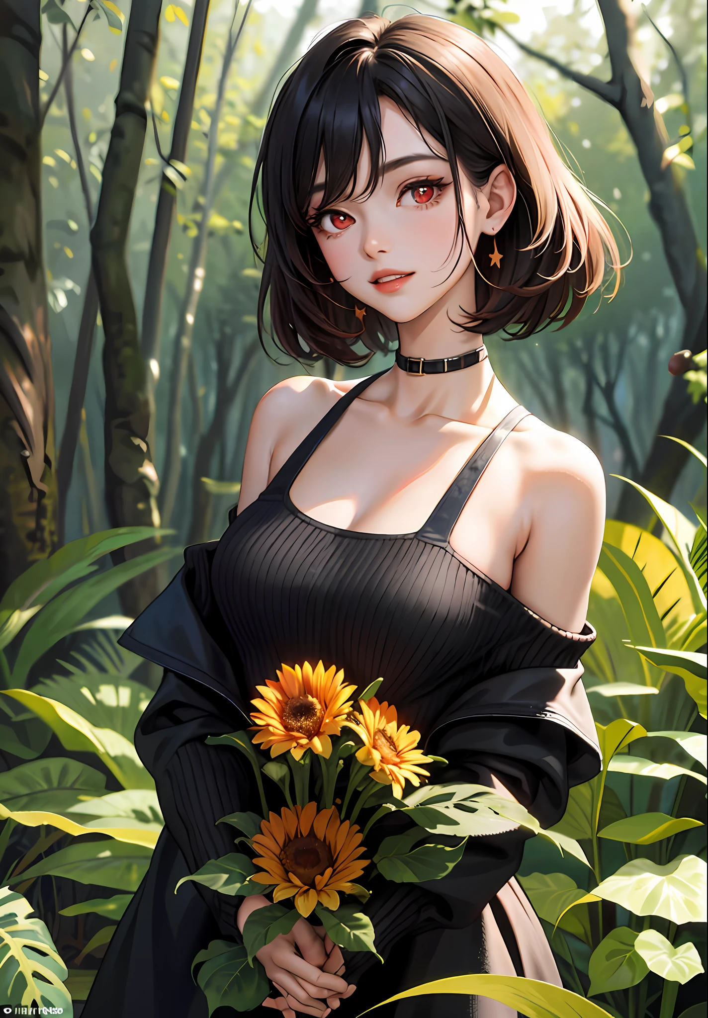 (masterpiece:1.2, best quality), (30 years old,solo, upper body:1.2), Clothing: One shoulder sweater, ((conservative dress)), Hair: Short hair, gradient curls, Makeup: natural, glowing skin, Behavior: relaxed, carefree, free-spirited, Location: Wild, Forest, Tyndall effect, outdoor festival, red eyes, tiger teeth, big bust