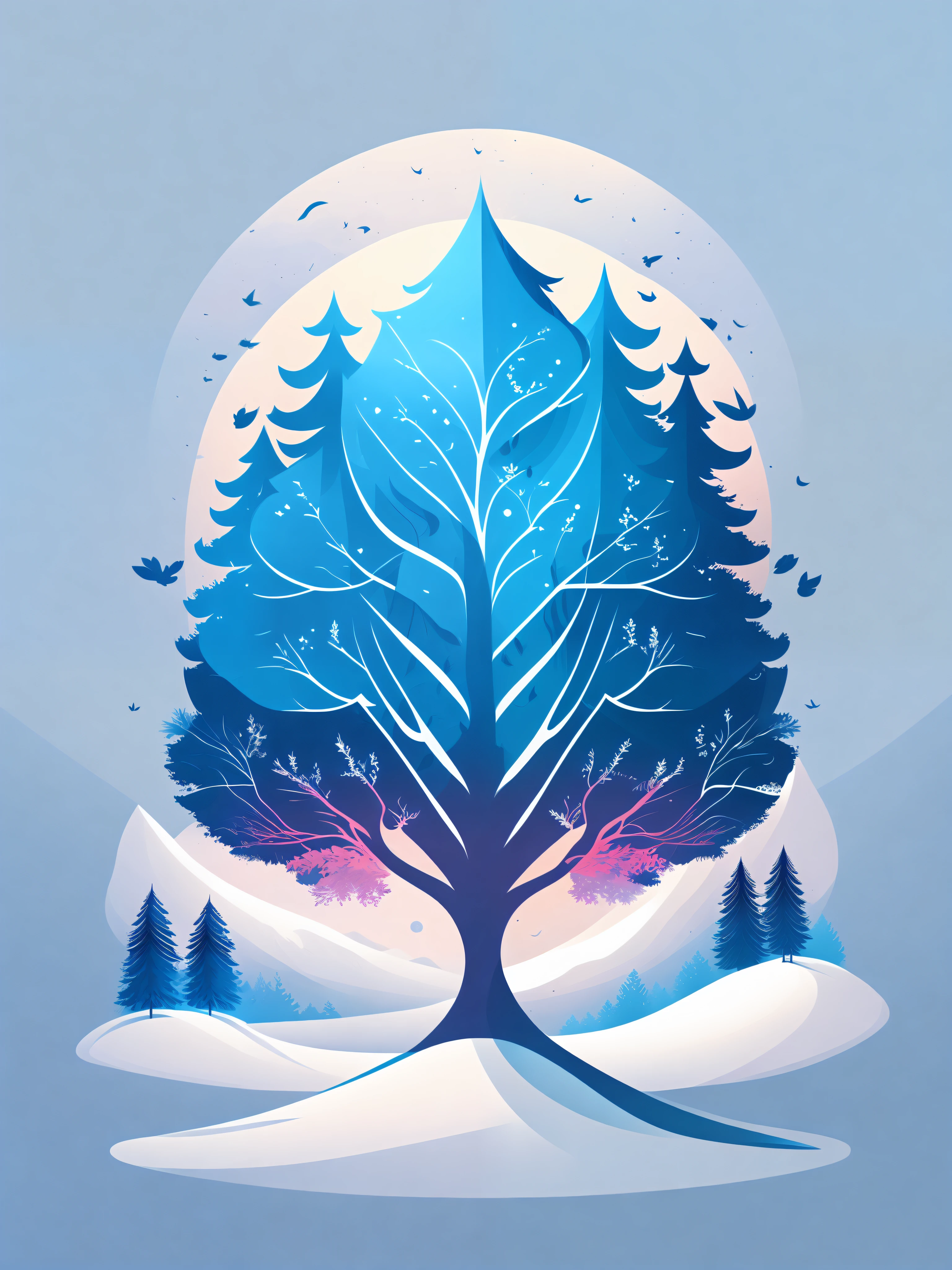 a spruice tree in a winter landscape, tshirt design, rzminjourney, vector-art