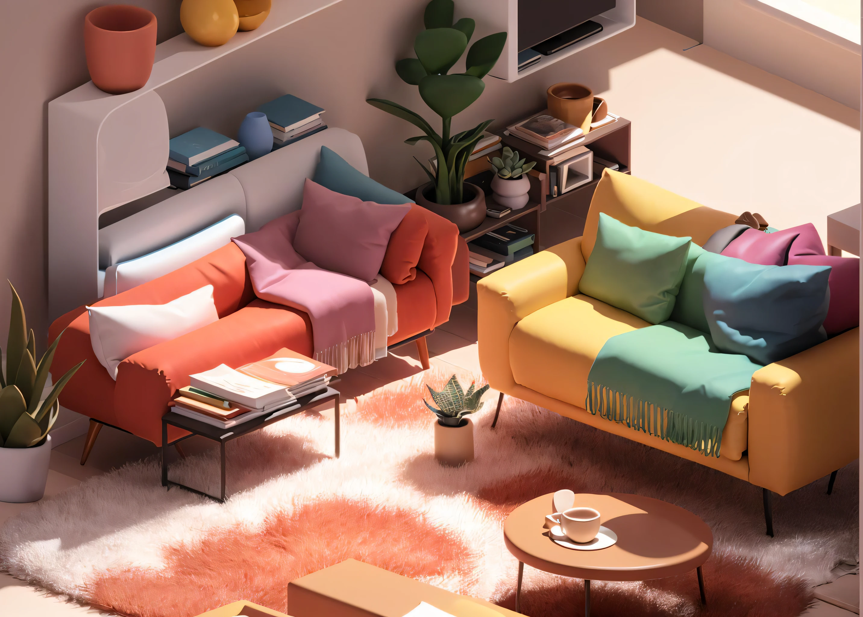 living room, sofas, blankets, coffee tables, potted plants