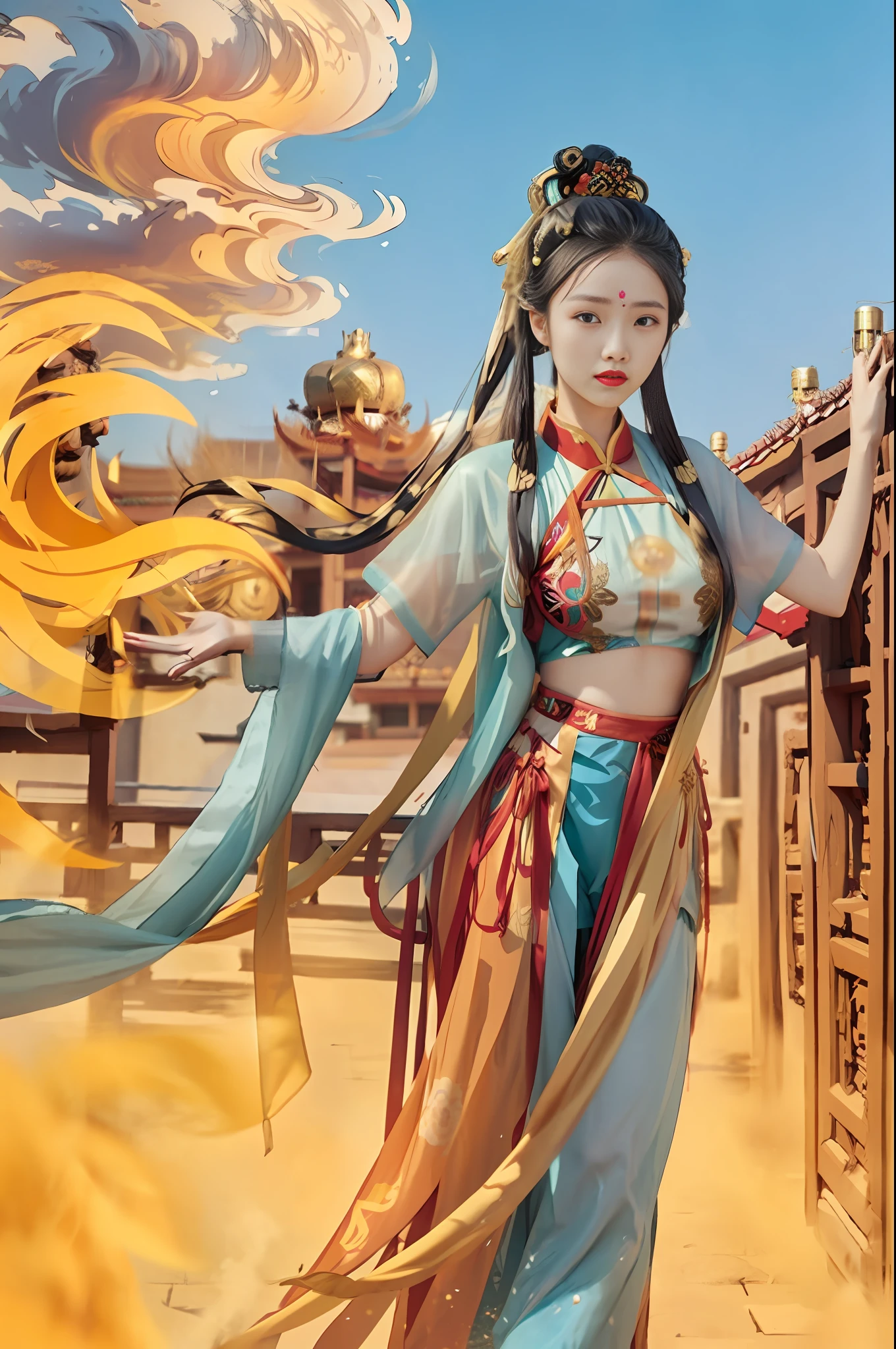 Girl, Chinese windbreaker, Dunhuang, floating clothes, outdoor, rooftop, warm and sunny,