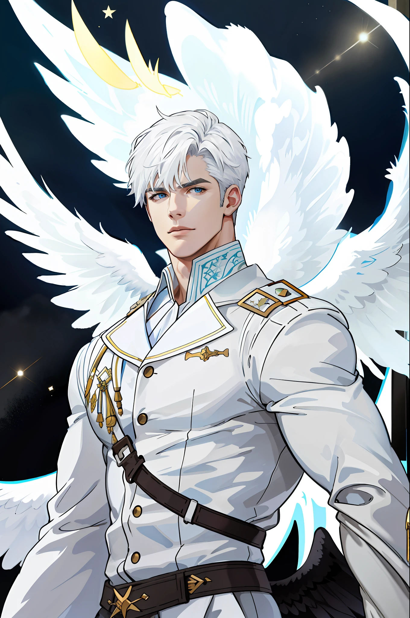 realistic, (absurdres, highres, ultra detailed), 1 male, solo, mature, high muscular face, broad shoulders, handsome, very short hair, white hair, ointment, blue eyes, angular jaw, thick neck, thick eyebrows, night, dark, night view from the bottom of hell, white costumes, upper body, angelic figure, huge black wings on the back,