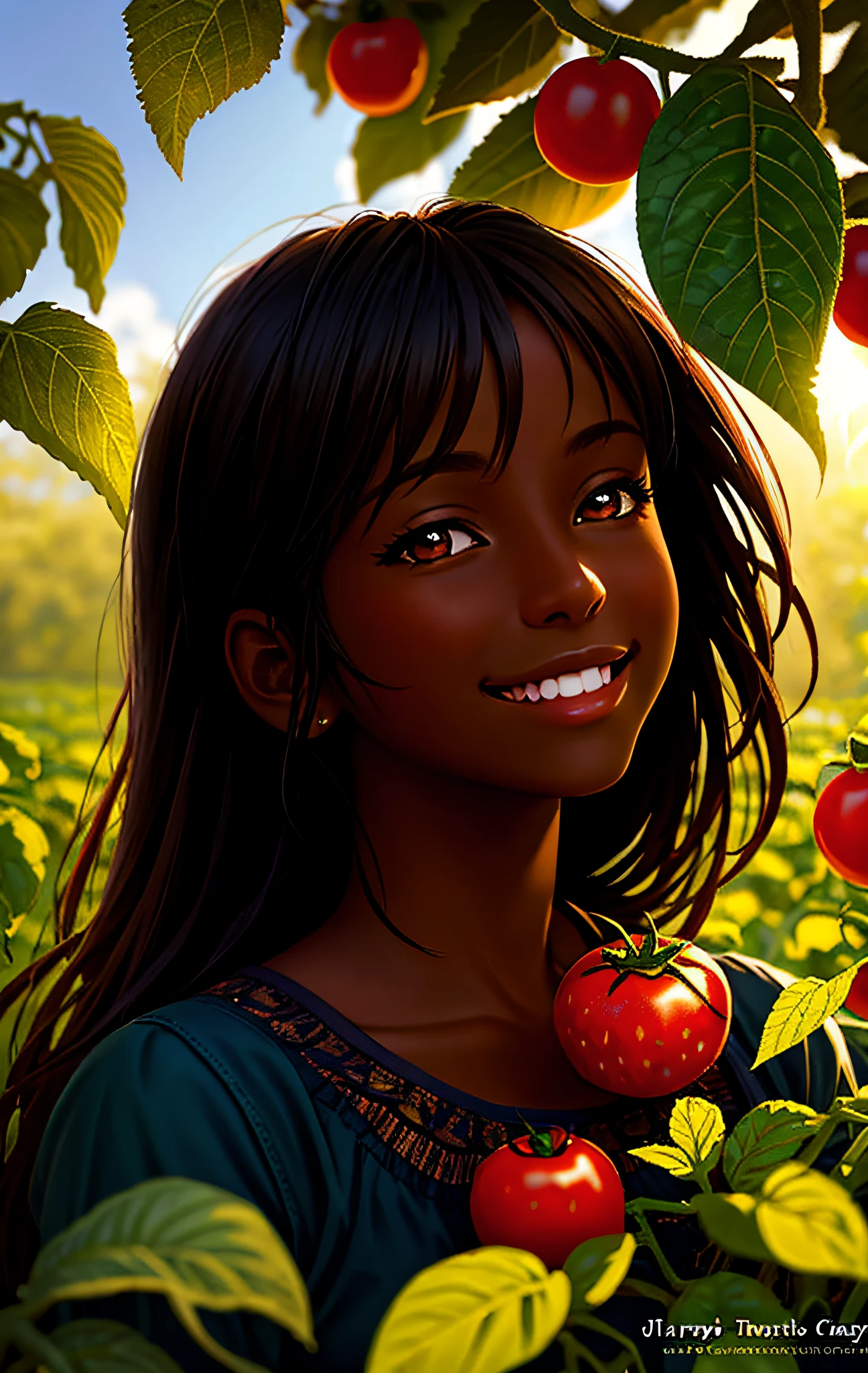 dark skinned country girl, very pretty attractive, looking at viewer, big smile, happy, tomatoes, berry, drops, macro, sunlight, fantasy art, dynamic composition, dramatic lighting, epic realist, award winning photography.