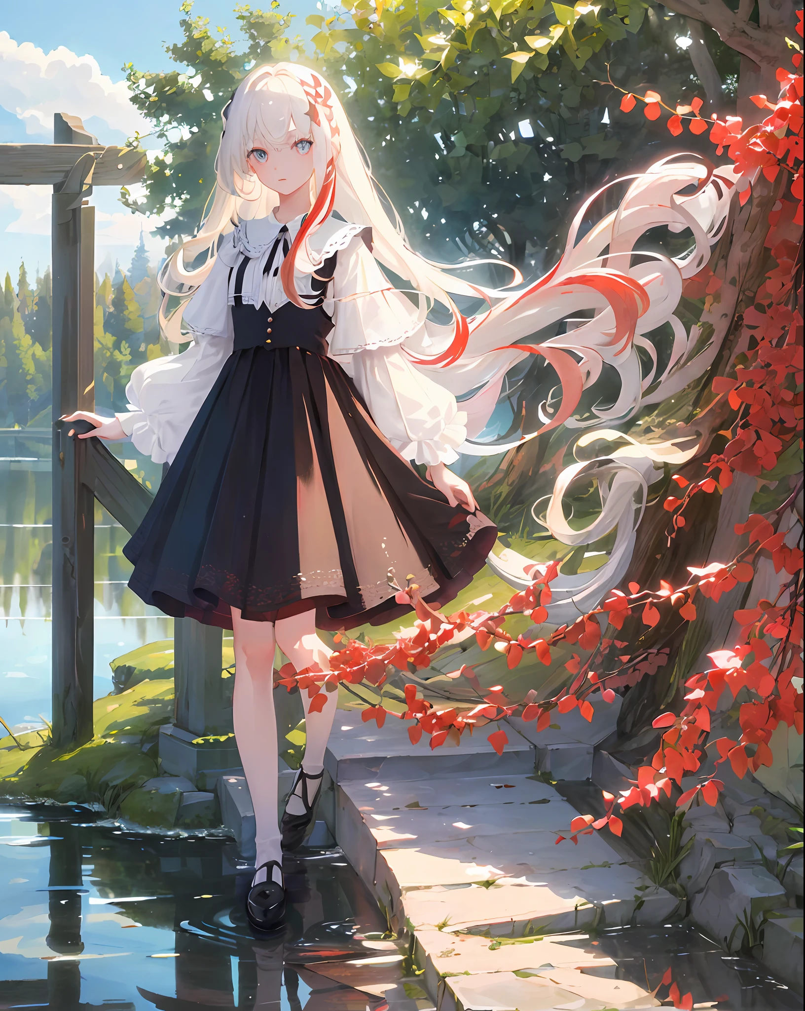 ((masterpiece)), ((high detail)), 1girl, ((ultra-detailed)),((delicate face)), Beautiful detailed eyes, (White blonde hair in gradations with red highlights,gradient hair),long hair, floating hair, ,hairs between eyes, GSHead,1girl ,solo,red eyes,genshin_impact,look at the viewer, ((full_body,distant view)), ((white background)), (Tarot cards border, outside border), Highly reflective mirror-like water underfoot,Step on the lake,,Wide Angle shot, strong light and shadow, cinematographic lens ,