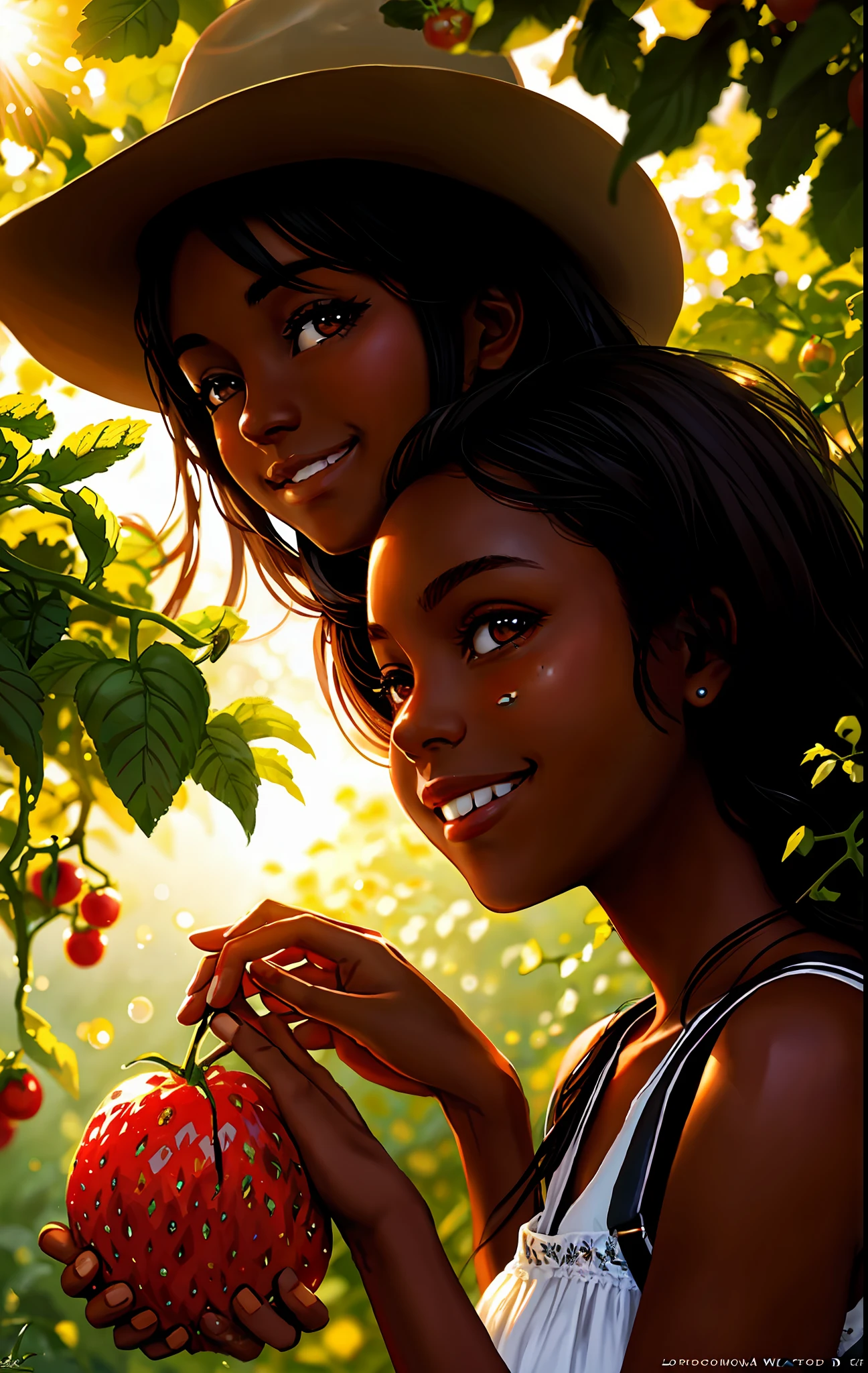 dark skinned country girl, very pretty attractive, looking at viewer, big smile, happy, tomatoes, berry, drops, macro, sunlight, fantasy art, dynamic composition, dramatic lighting, epic realist, award winning photography.