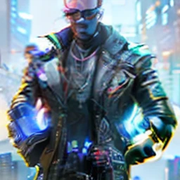 A man in black jacket and glasses stands in front of a futuristic city, cyberpunk vibe, cyberpunk vibes, deeper into the metaverse we go, has cyberpunk style, cyberpunk theme, in cyber punk 2077, futuristic cyberpunk, future cyberpunk, synthwave, wearing cyberpunk streetwear, futuristic cyberpunk, cyberpunk tech, retro cyberpunk, synthwave style --auto --s2