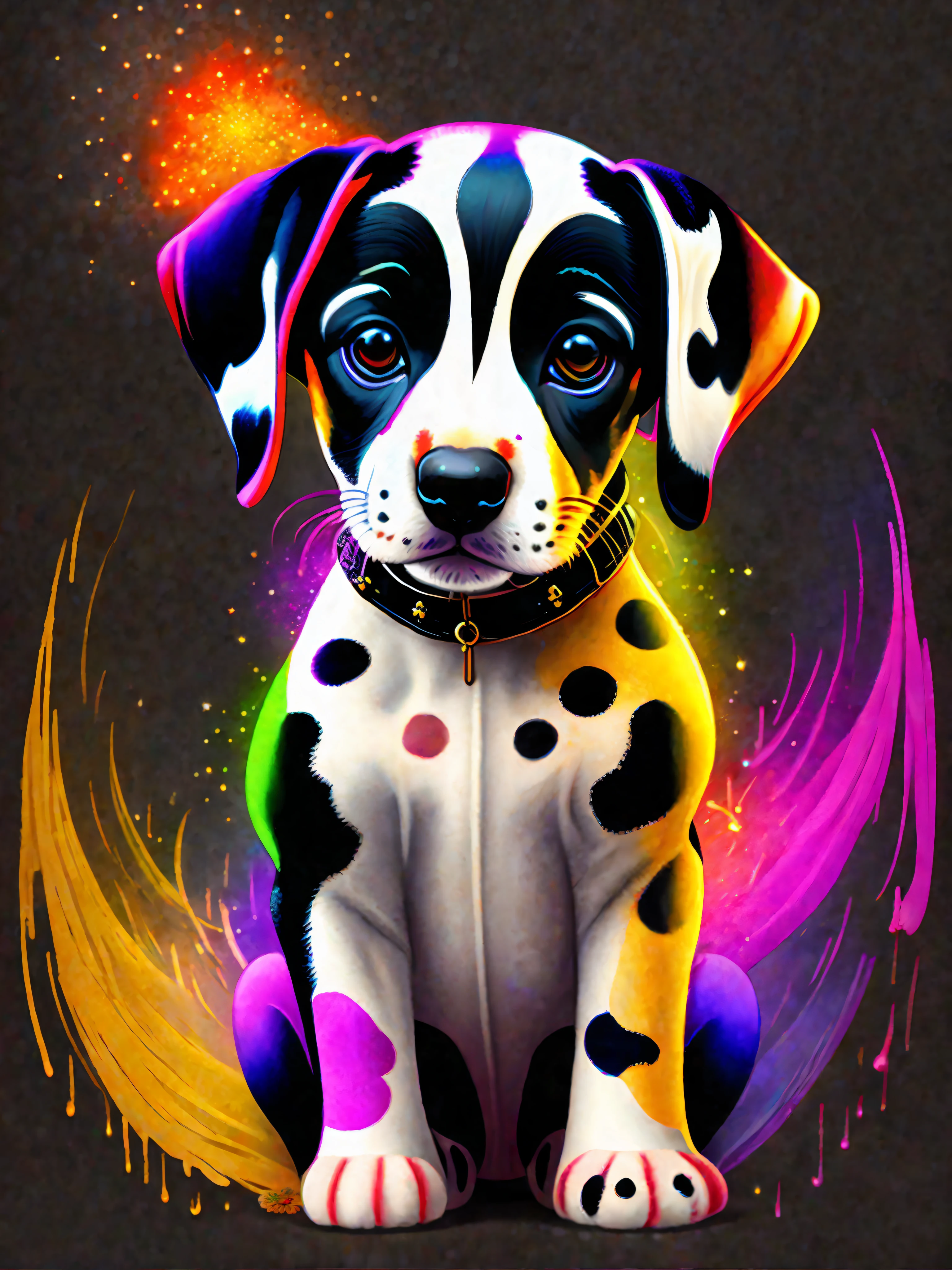 a painting of a colorful Dalmatian puppy on a black background,, breathtaking rendering, within a radiant connection, inspired by Kinuko Y. Craft,, magical elements, icon of a Dalmatian puppy, wow, is beautiful, casting a multi colorful spell, bright flash, flash