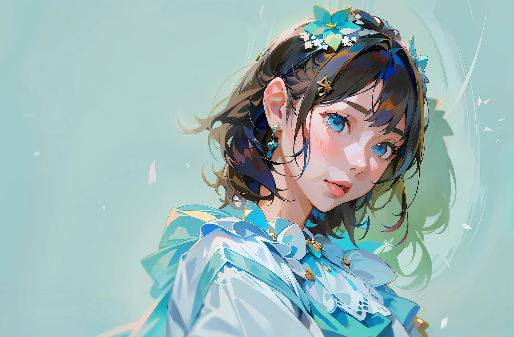 There is a girl in a blue dress, blue hair ornament