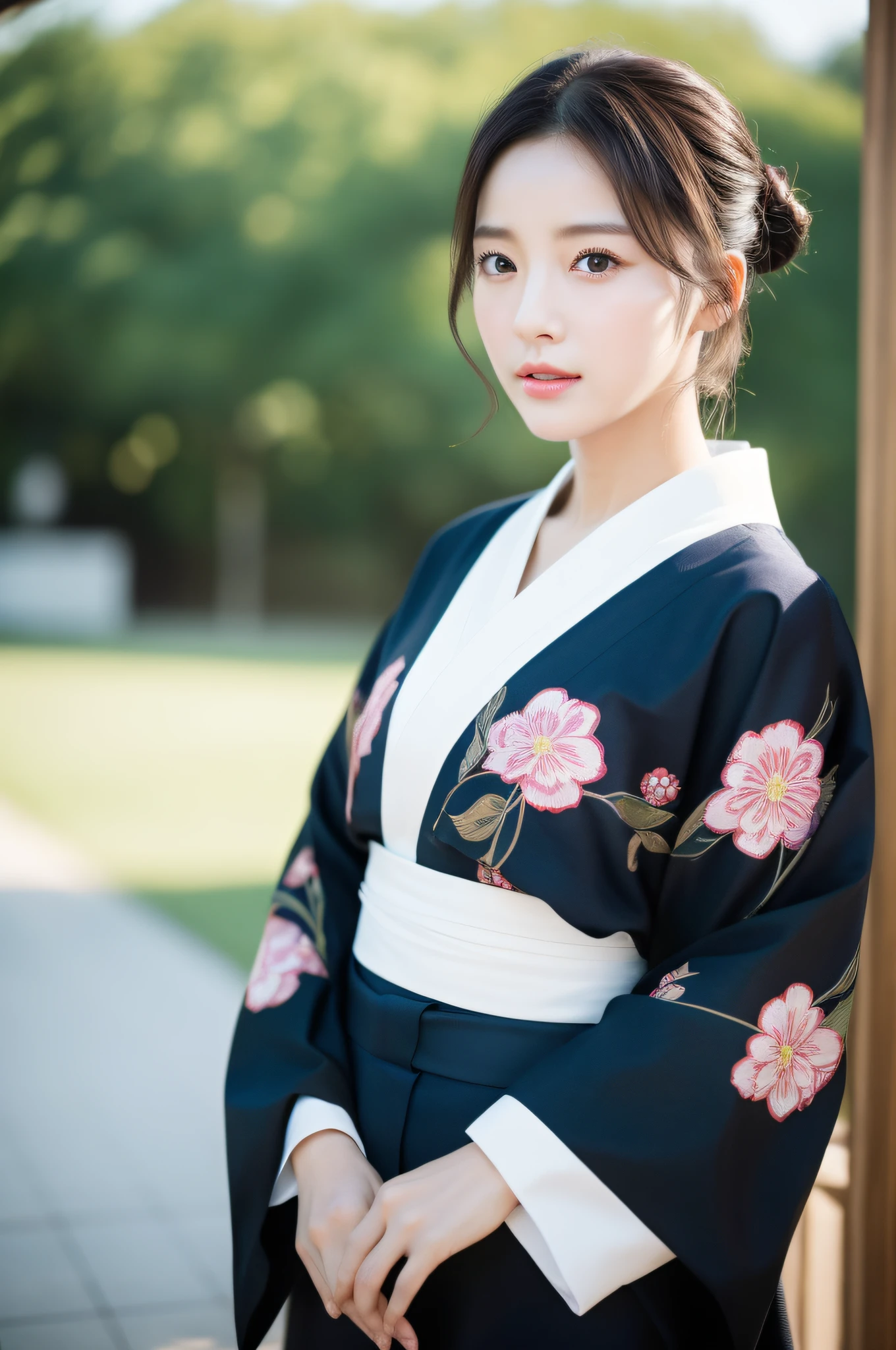 ((Top Quality, 8K, Masterpiece: 1.3)), Sharp Focus: 1.2, (Super Beautiful Face: 1.0), (Glossy Skin: 1.0), Realistic Photos, Black Hair, Realistic Pupils, Movie Lighting, Highly Detailed Eyes and Face, Movie Lighting, (Cowboy Shot: 1.0), (kimono, hakama, obi: 1.2), (Korean Cute Actress)