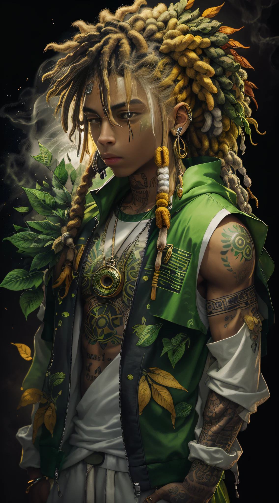 green:1.5, orange:1.1, white:1.3, yellow:1.3, (rapper with dread hair),tattoos, (power puffer clothes:1.2),flowers,leaves,fog,lines,circles background