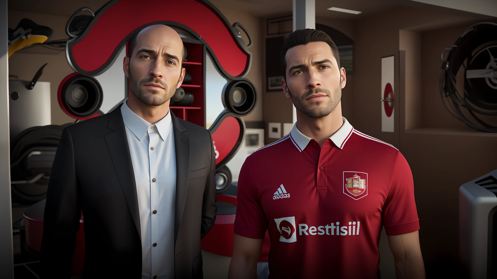 Two men standing next to each other in front of a predi, detailed 8K realistic, "hyper realistic", realistic masterpiece, ultra realistic 8k octan photo, rendered in 8K