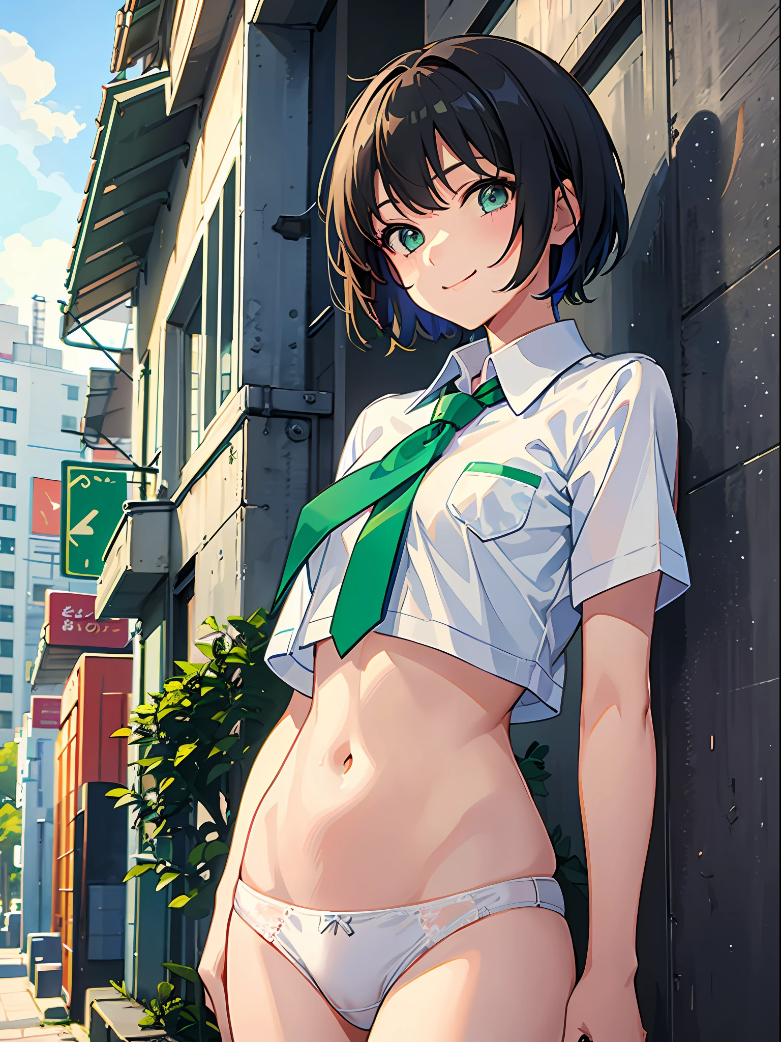 11 year old girl, school uniform, green middle short hair, small breasts, no bra, white small cotton panties, dynamic pose, colorful cityscape, whole body, smile, shining eyes, lower breasts, navel, slender, strong wind