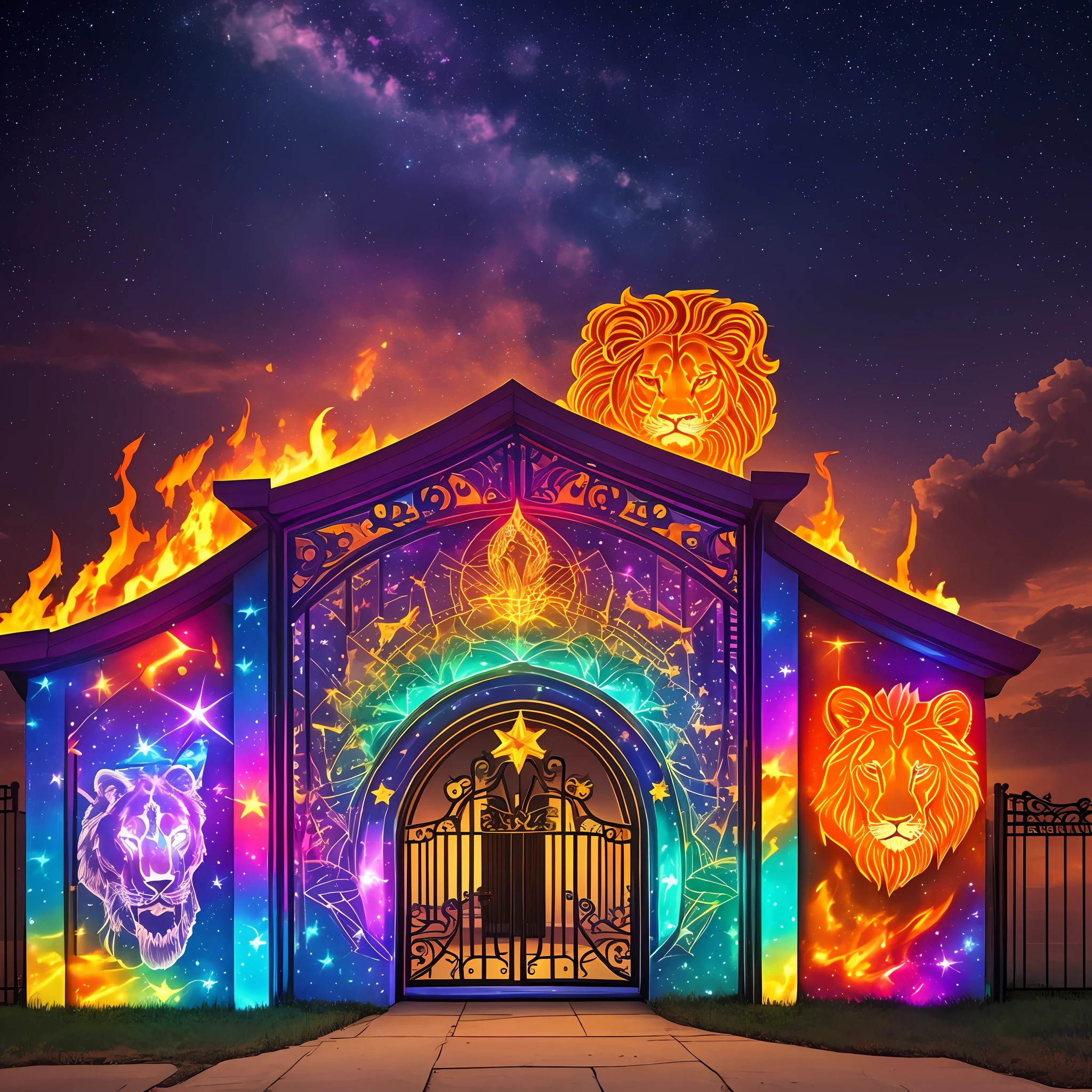 psychedelic galaxy façade written House Play, front gate with a lion on each side letting out fire through its mouth, sky with orange and very starry sunset --auto --s2