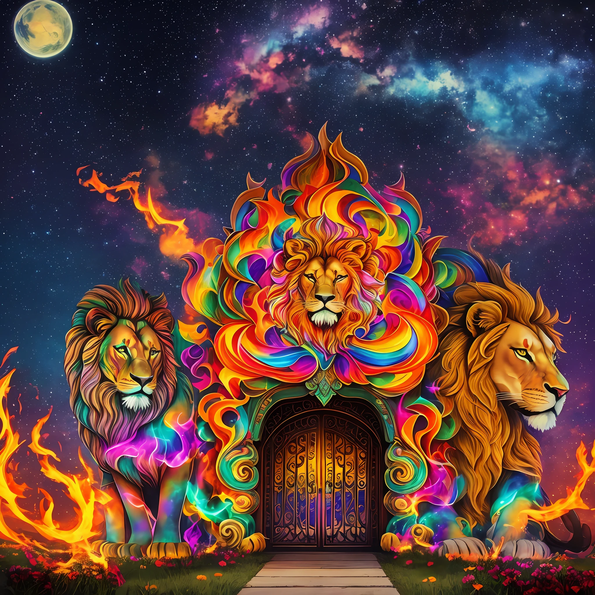 psychedelic galaxy façade written House Play, front gate with a lion on each side letting out fire through its mouth, sky with orange and very starry sunset --auto --s2