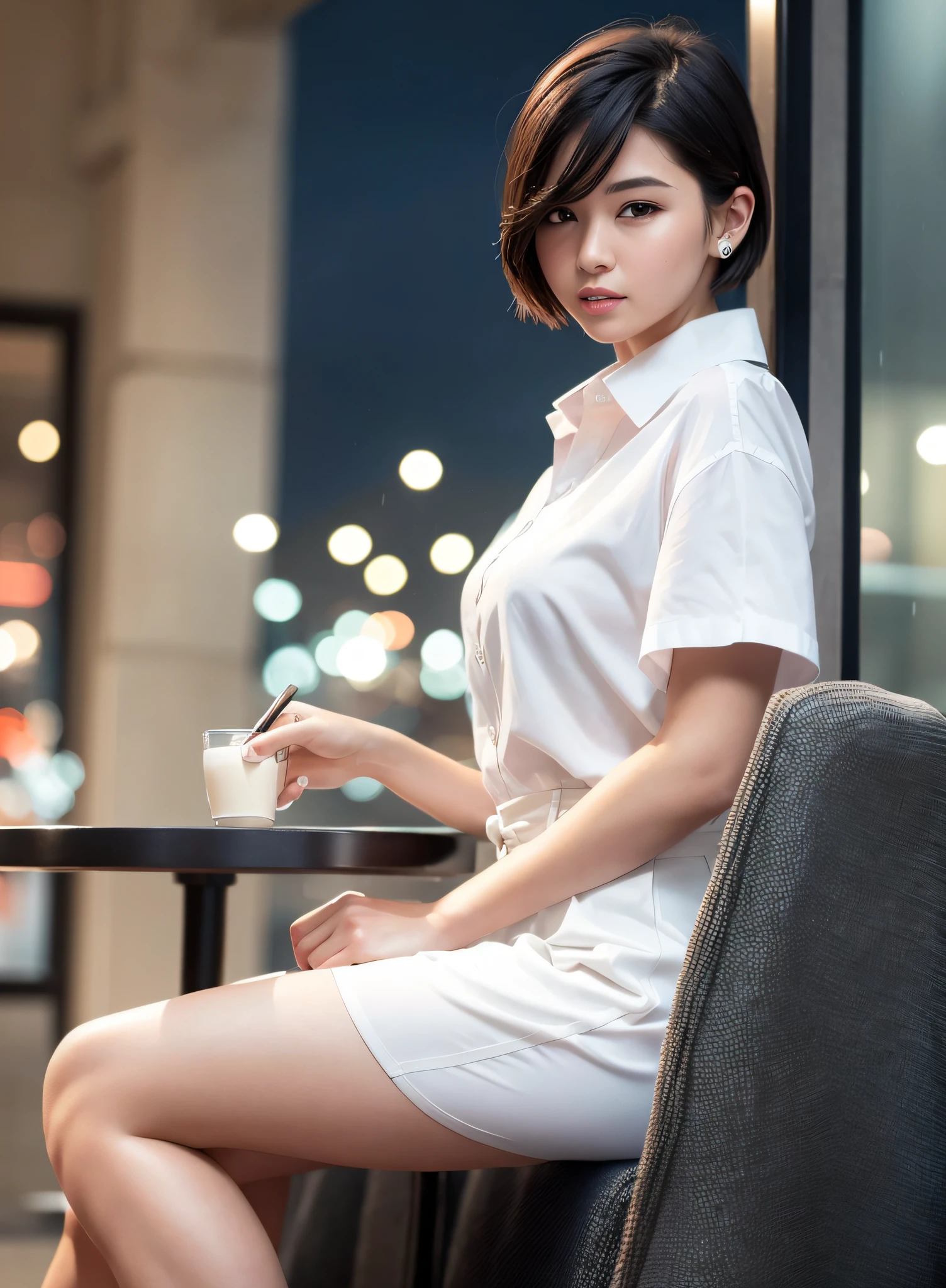 (8k, Best Quality, Masterpiece: 1.2), (Realistic, Photorealistic: 1.37), Super Detailed, 1 Girl, Cute, Alone, Beautiful Detailed Sky, Detailed Cafe, Night, Sitting, Date, ( Nose blush), (smile: 1.15), (close mouth) small breasts, beautiful details, (collared shirt: 1.1), night, wet, business wear, rain, white lace, (short hair: 1.2), floating Hair NovaFrogStyle,