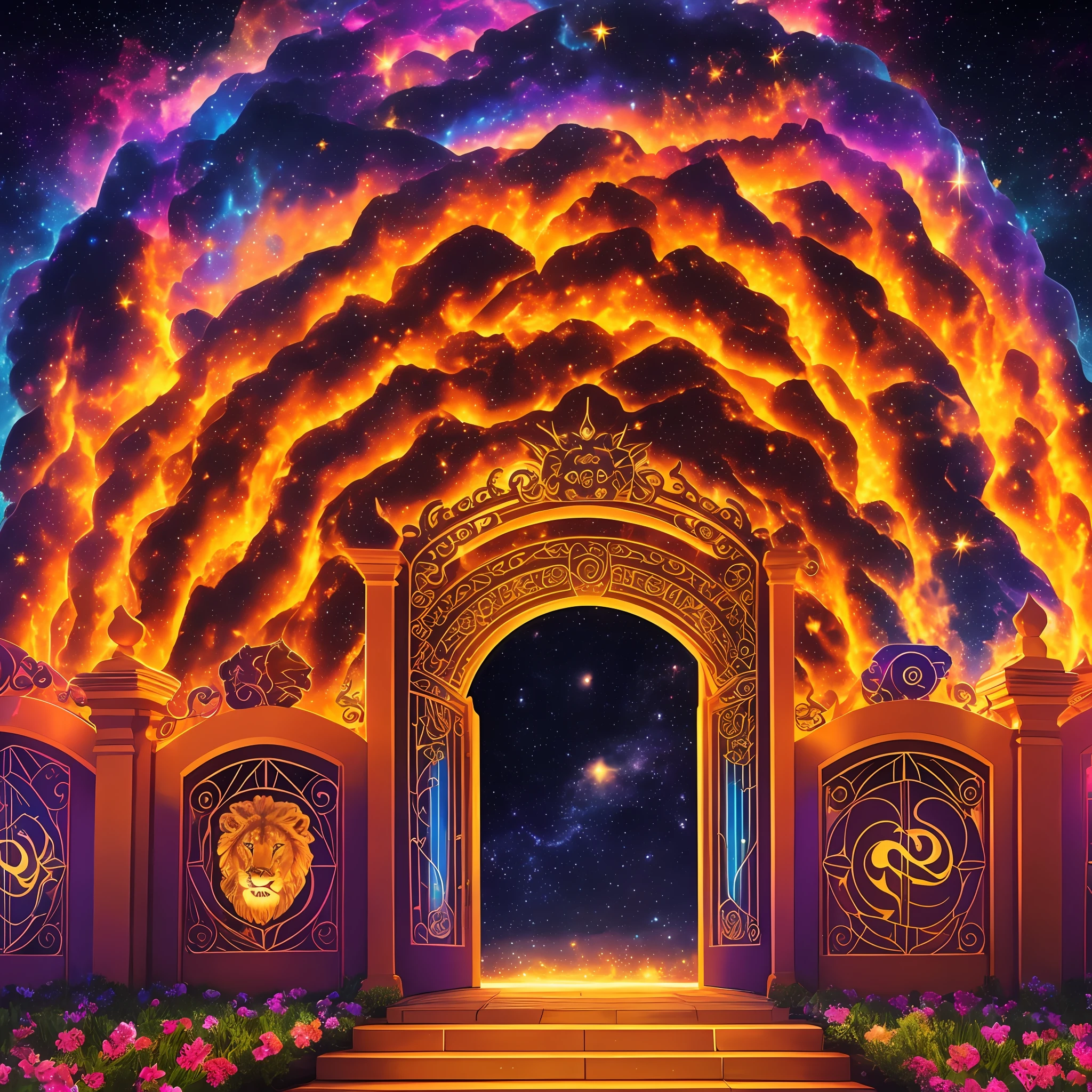 psychedelic galaxy façade written House Play, front gate with a lion on each side letting out fire through its mouth, sky with orange and very starry sunset --auto --s2