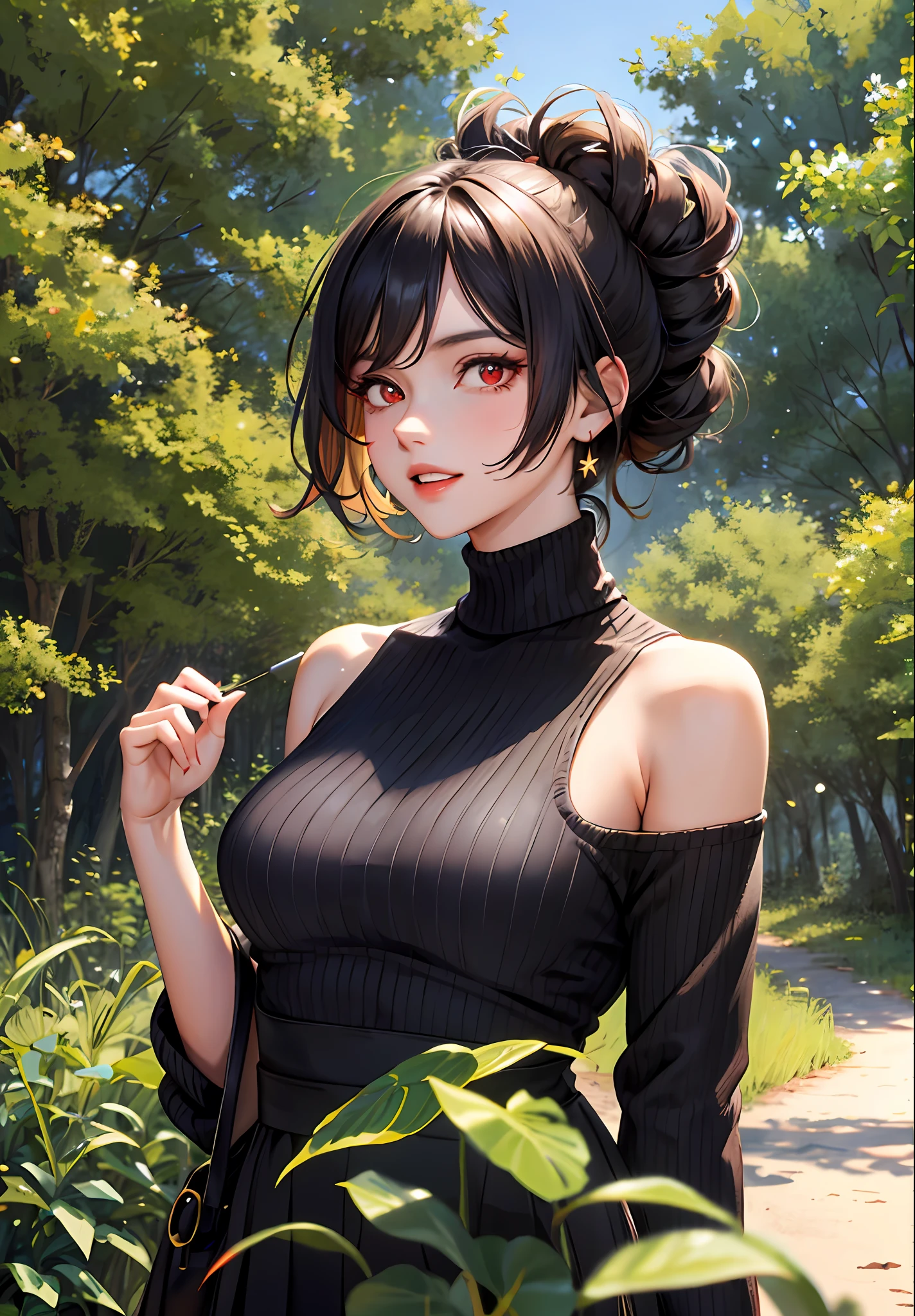 (masterpiece:1.2, best quality), (30 years old,solo, upper body:1.2), Clothing: One shoulder sweater, ((conservative dress)), Hair: Short hair, gradient curls, Makeup: natural, glowing skin, Behavior: relaxed, carefree, free-spirited, Location: Wild, Forest, Tyndall effect, outdoor festival, red eyes, tiger teeth, big bust