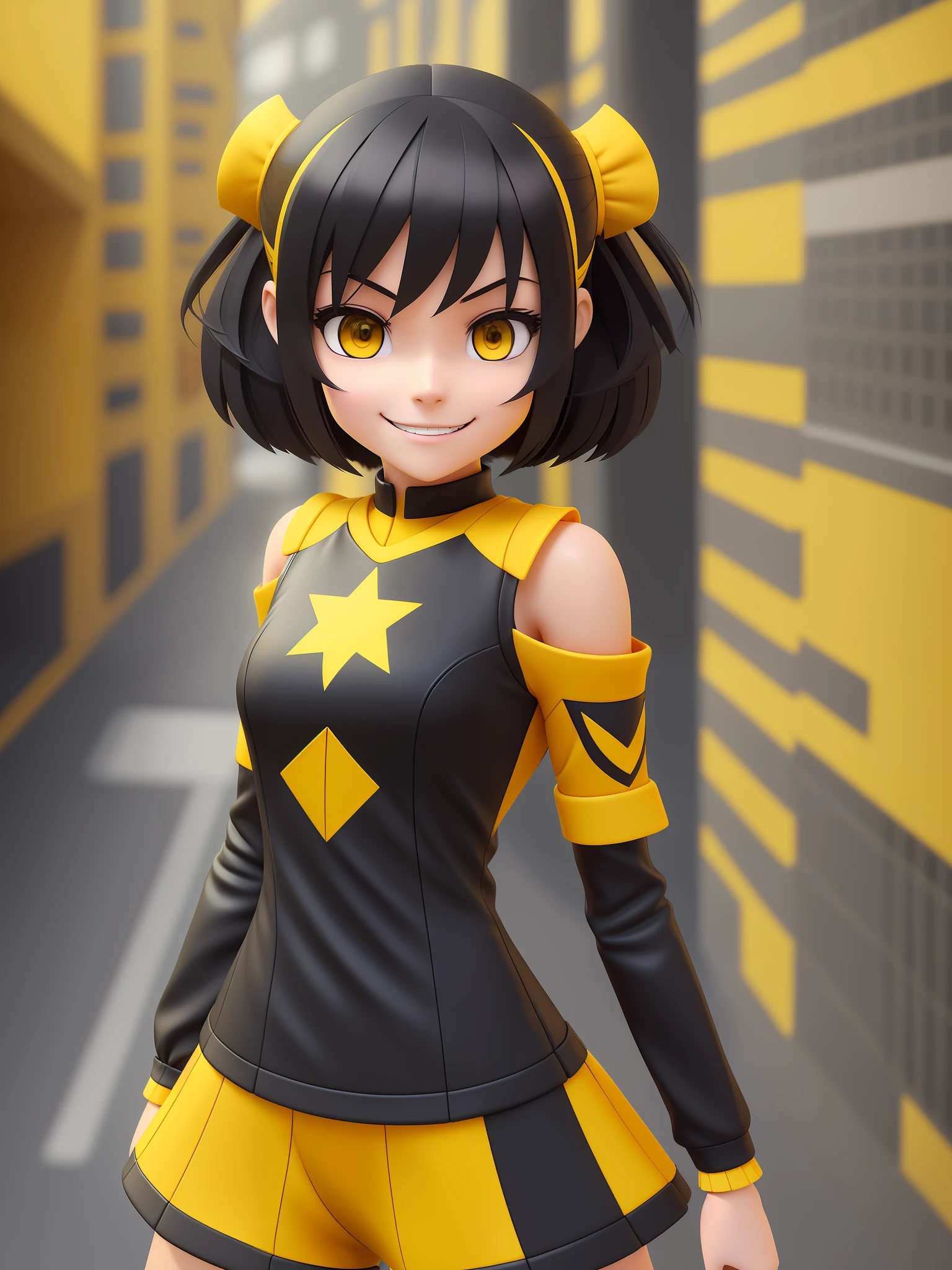 Young girl, a cartoon character dark yellow outfit, expression with ((melancholic smile)), (dark hair up to shoulder), yellow eyes, stylized character, animation character, stylized 3d render, 3d character, highly detailed character, stylized anime, stylized 3d, render character, character model, closeup, maximum quality, playing football