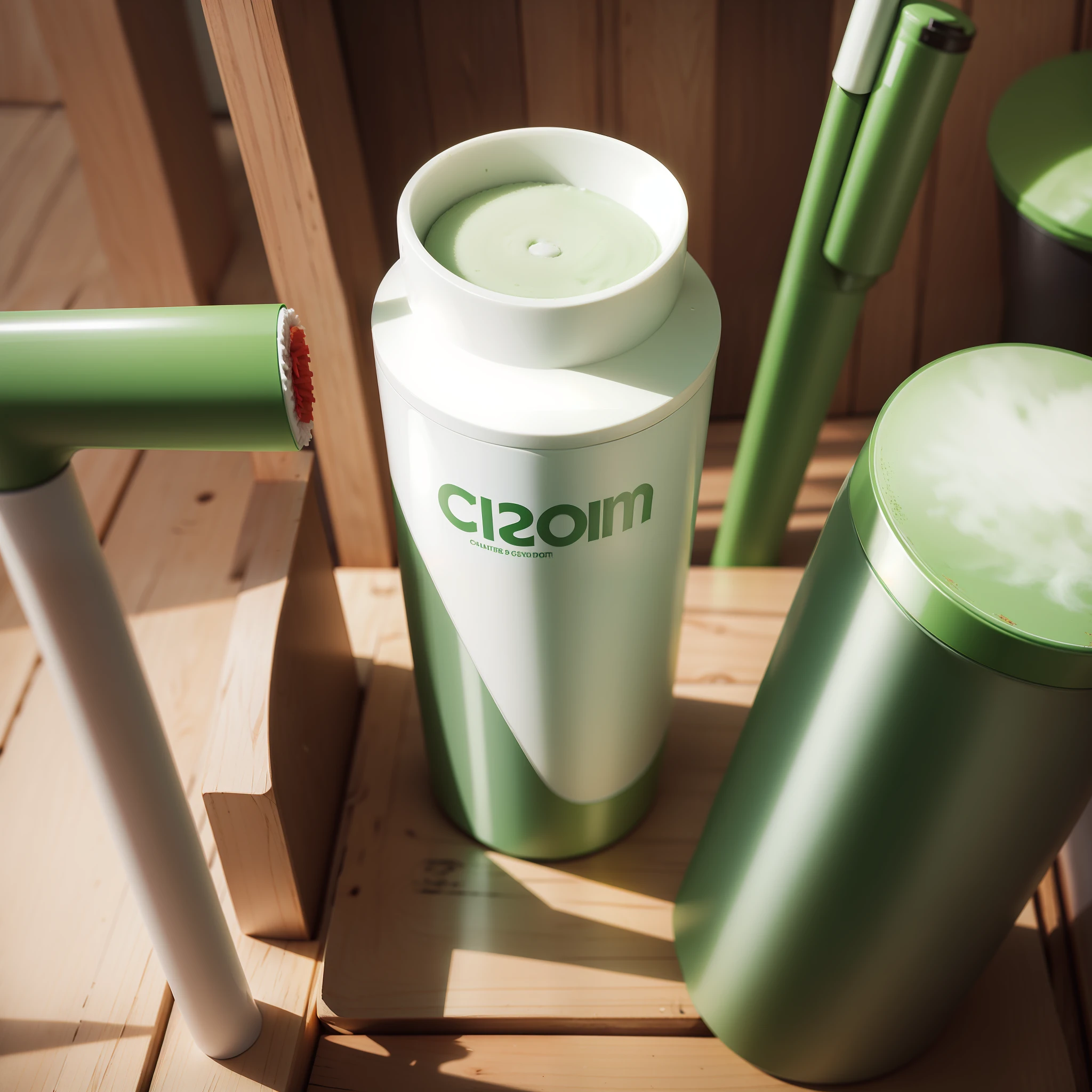Cleaning product, with white cylindrical shape, with the name in green and the description below red