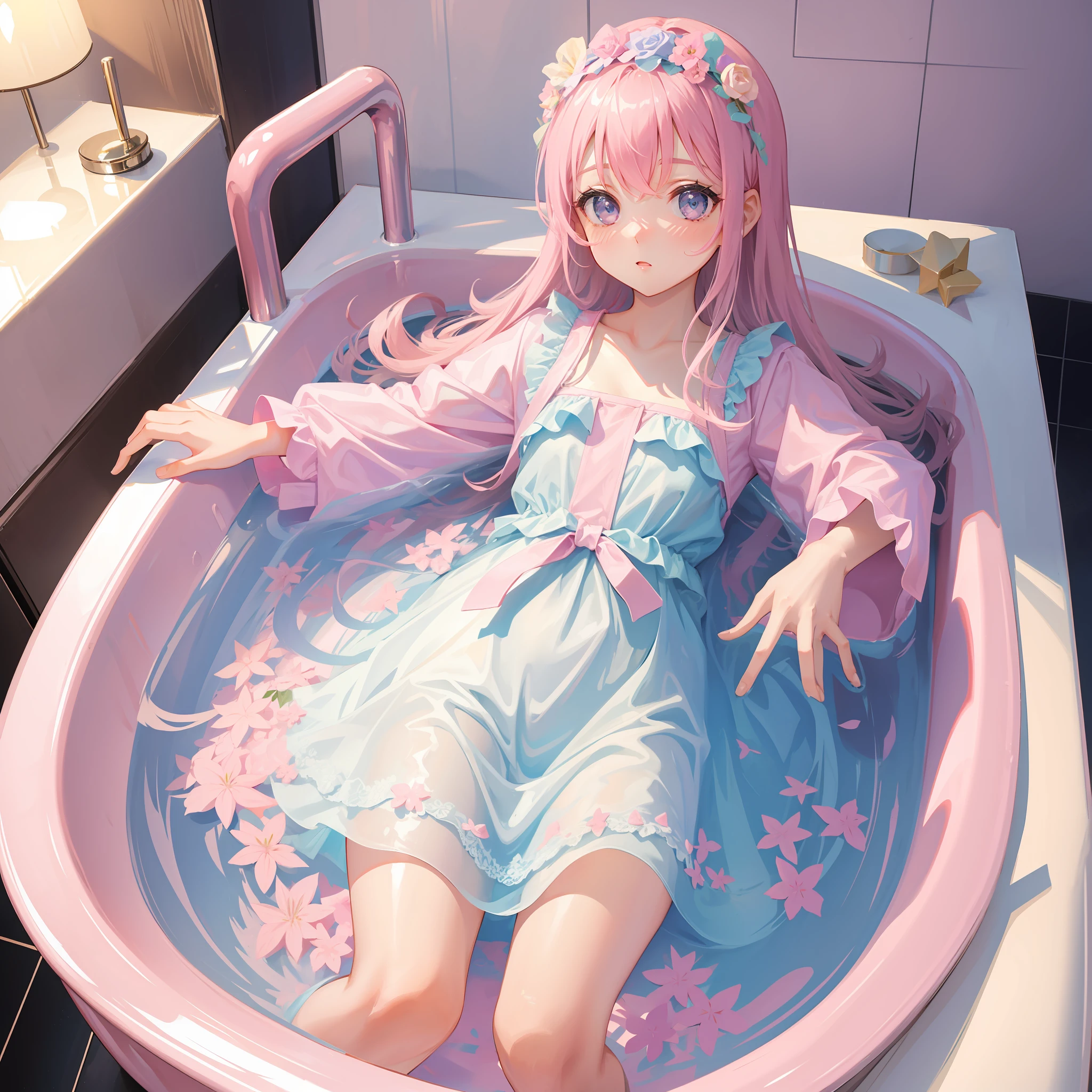 1 girl in pink bubbles bathtub, fully clothed with a pastel color dress