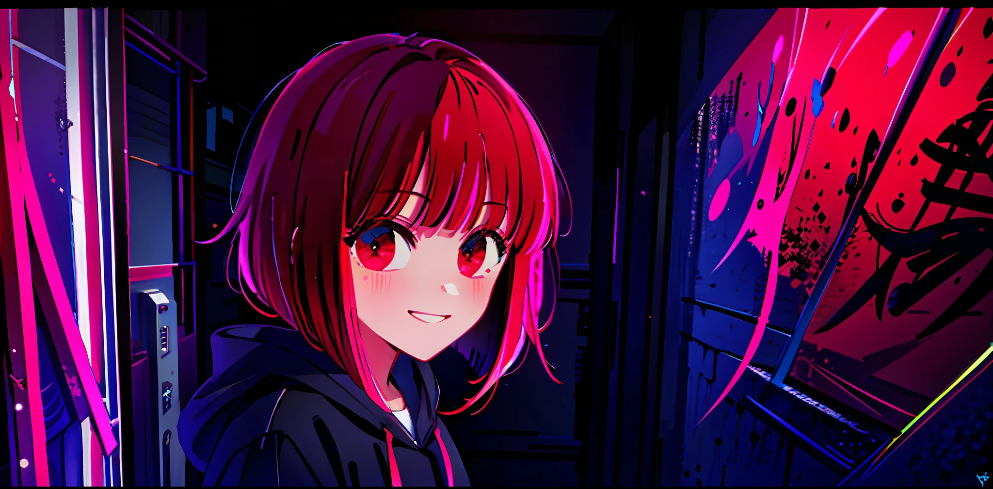 detailed background, masterpiece, best quality, smile, ornament, hoodie, portrait, neon red, graffiti, dark, night, glowing eyes, blacklight