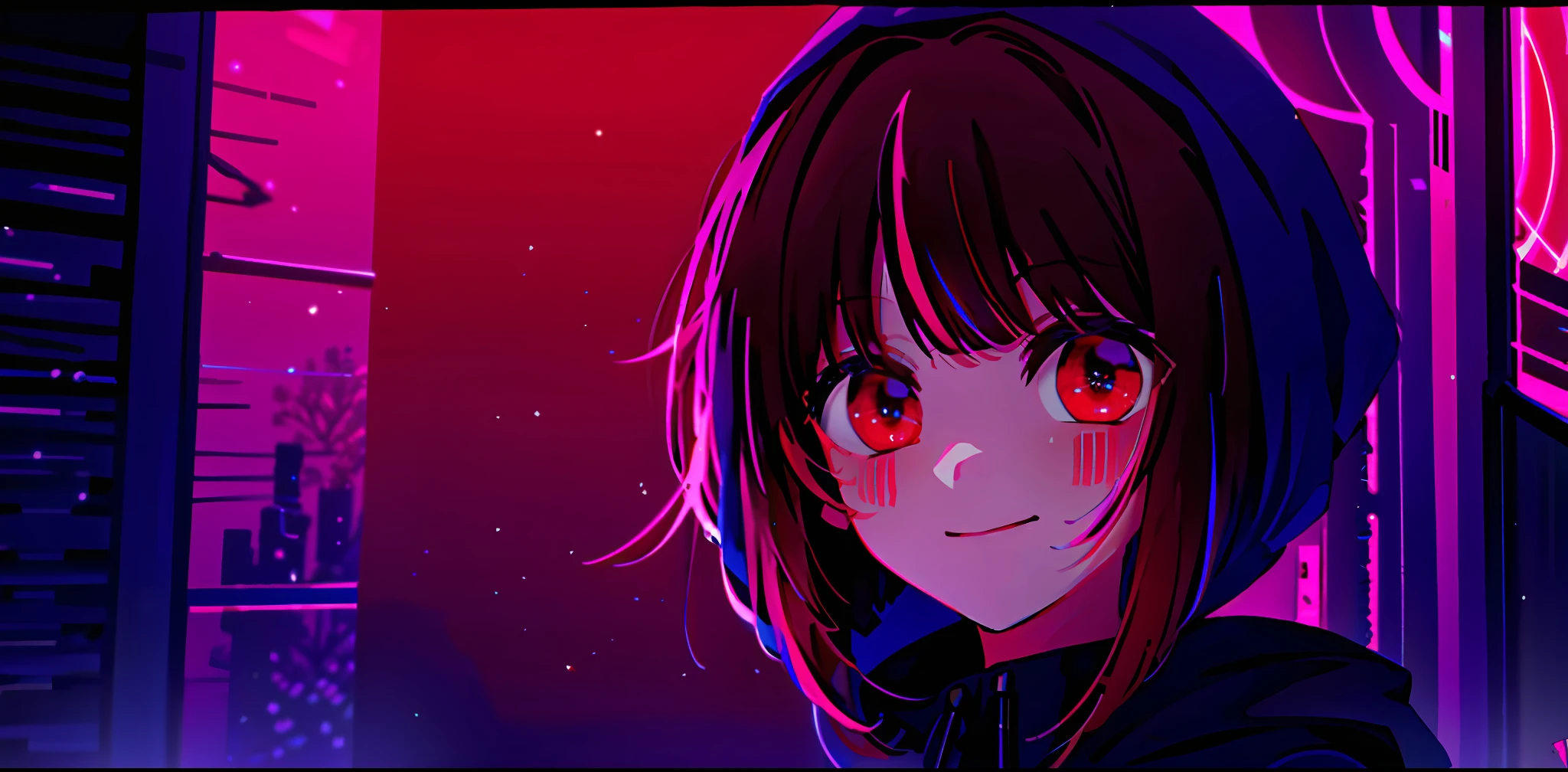 detailed background, masterpiece, best quality, smile, ornament, hoodie, portrait, neon red, graffiti, dark, night, glowing eyes, blacklight