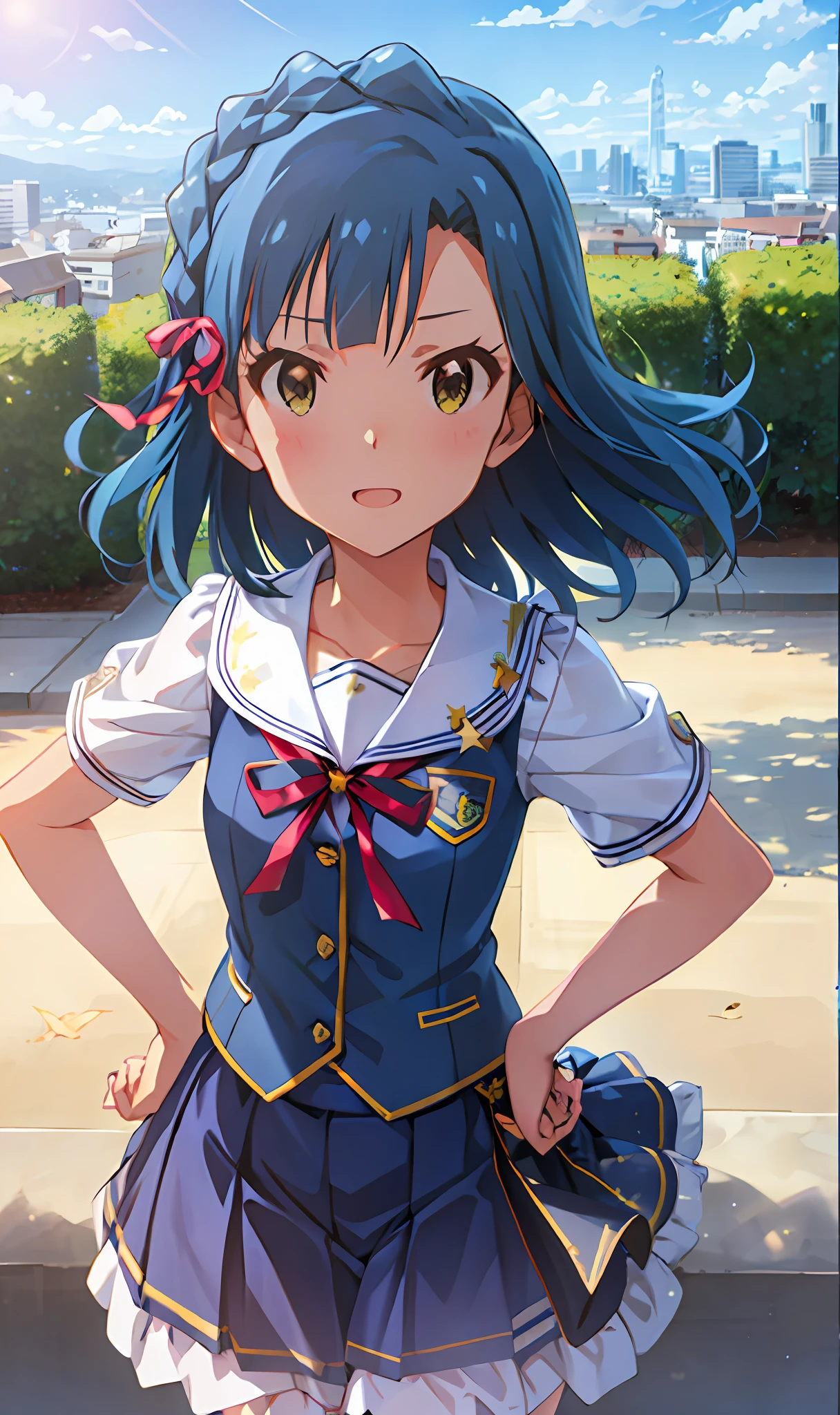 Yuriko Nanao (Million Live), (Top Quality, 8K, Masterpiece, Super Detail: 1.2), Cinematic Angle, Sun, Mottled Sunlight, Blue Sky, Beautiful Clouds, Cityscape, Lens Flare, Shine, Light Particles, Wide Shot, 1 Girl, Solo, Skirt, True Face, Watch Viewer, Sailor Color, Pleated Skirt, Short Sleeves, School Uniform, Blush, Serafuk, Clavicle, Ribbon, Upper Body, Adjusted Hair, Wind, Floating hair, looking straight ahead, looking at the camera, putting your hands on your hips and stretching your chest.