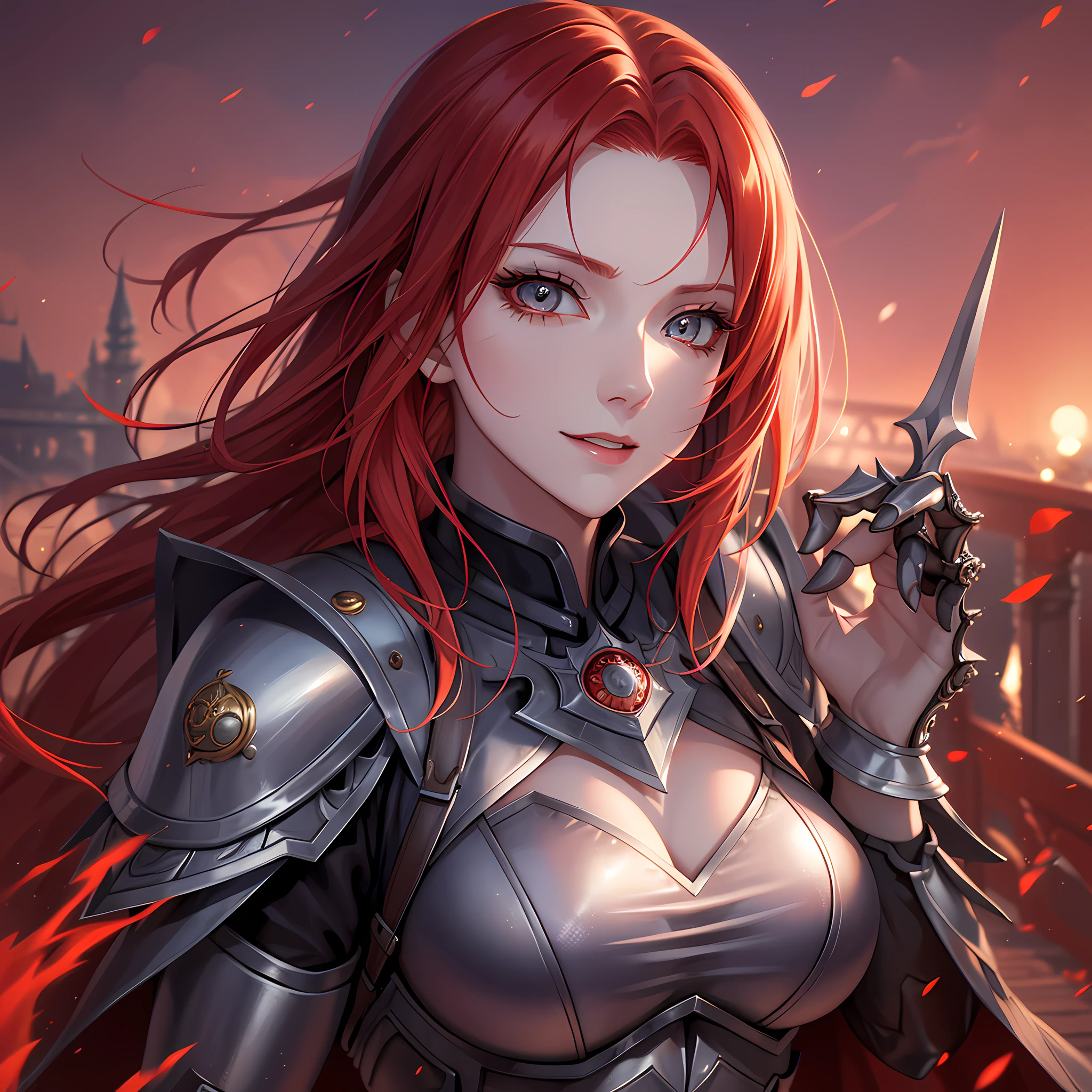 perfect eyes, perfect face, perfect lighting, 1girl, mature female standing on a bridge at night, pale skin, long red hair, smiling sadly, drk_glam, extremely detailed armor, extremely detailed gauntlets, perfect hands, sexy, belt, straps, extremely detailed sword, detailed background, no emotion, night time, red moon in the sky