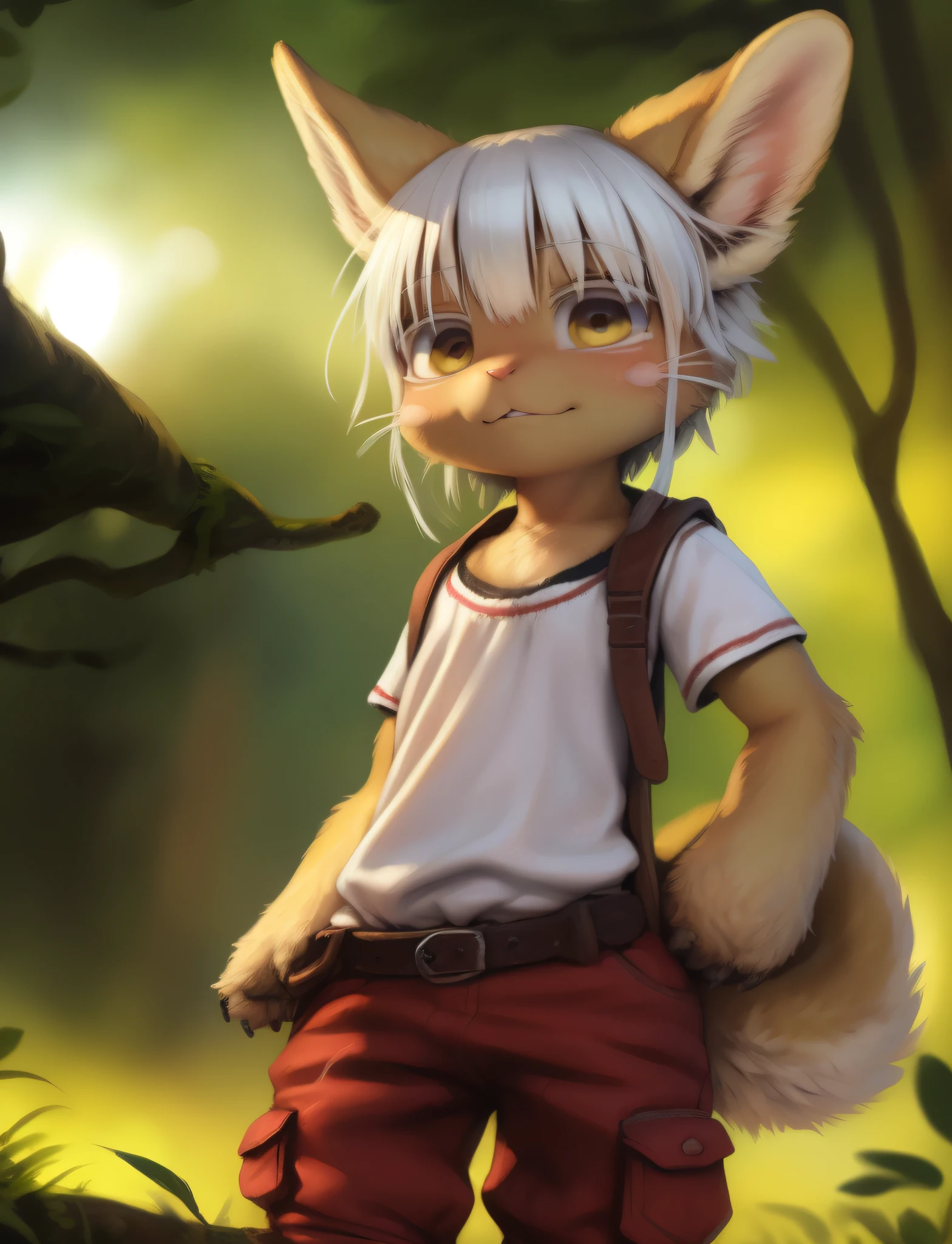 by kenket, by totesfleisch8, (by thebigslick, by silverfox5213:0.8), (by syuro:0.2), 1girl, solo, furry, nanachi \(made in abyss\), nanachipants, standing, looking at viewer, (uploaded on e621,8k, RAW photo, high resolution,high quality), ((masterpiece)), female, (wear shirt and bottomless), (front view), (cinematic lighting), backlighting, (shaded), detailed background, by dagasi, (by personalami), [by Ruan Jia], photorealistic, hyperrealistic,