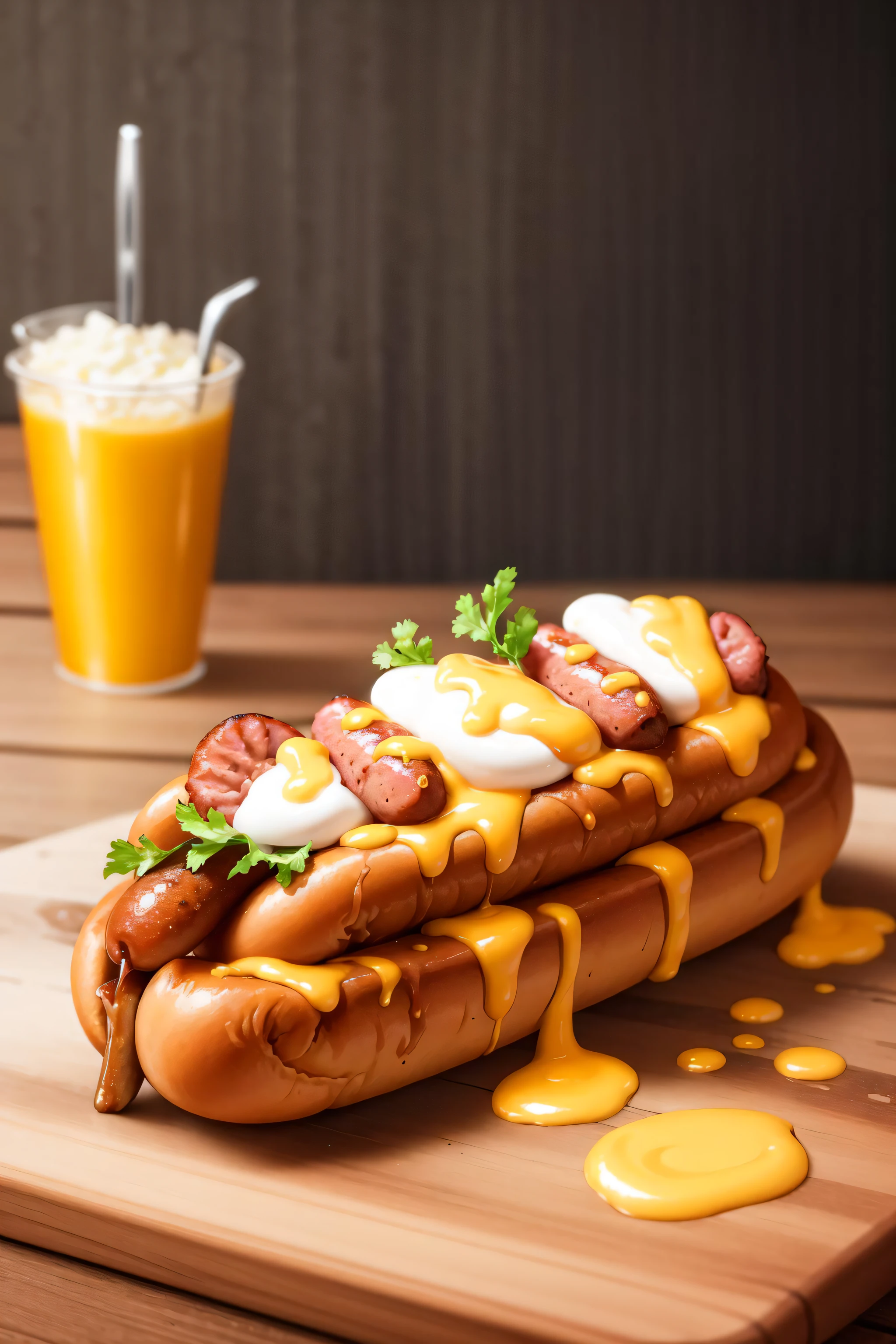 masterpiece, high quality, best quality, hot dog, ketchup and mustard, foodphoto,