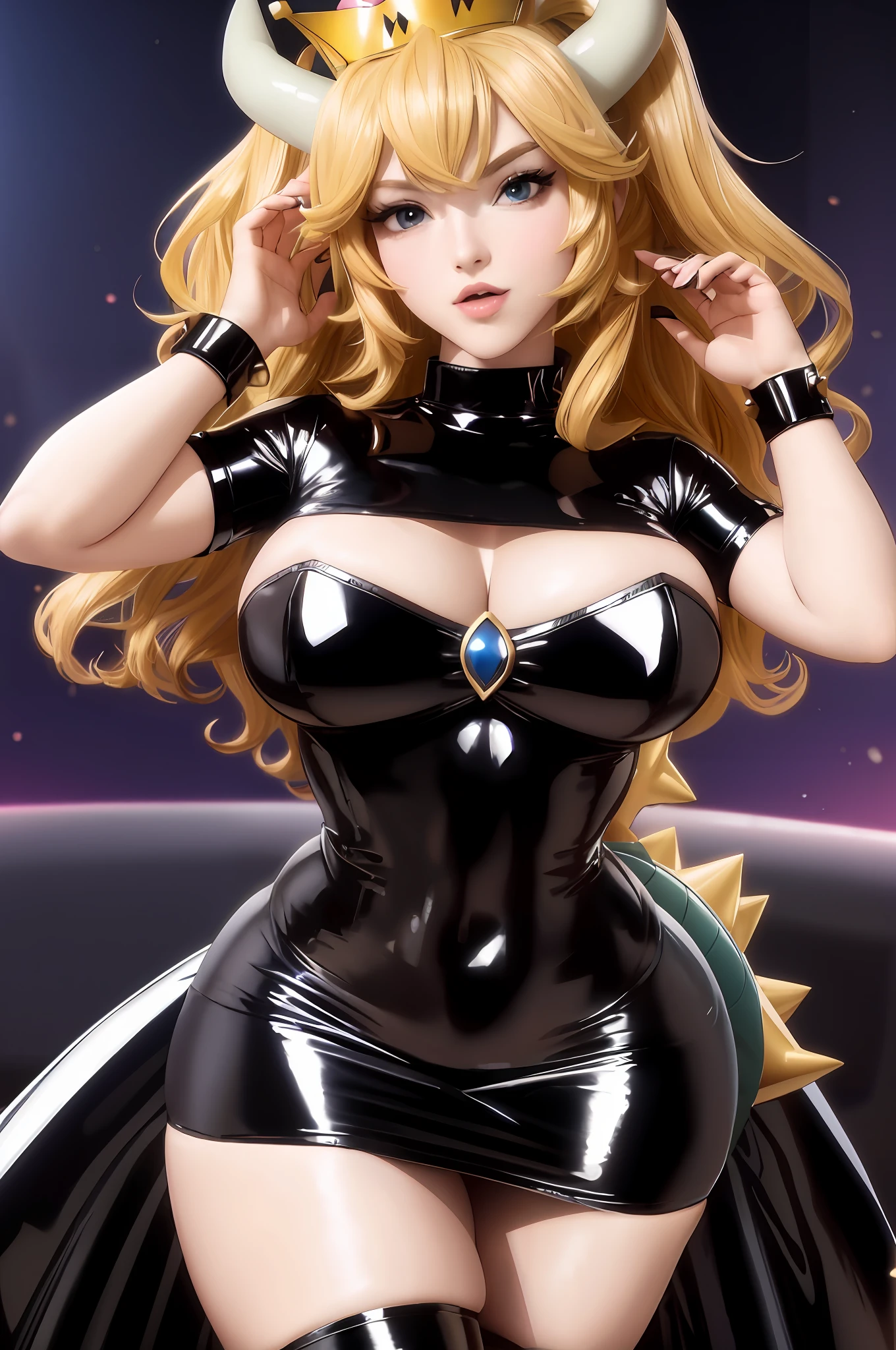Bowsette as a female Azure Lane Waifu, latex dress, shiny latex, breast indentation, Photorealistic, highest resolution, super thick, wide hips, thick thighs, six pack abs, insanely thick, ta teenposed breasts, cleavage, turtleneck sweater dress, short black dress, beautiful, sexy, super curvy, tiny waist, six pack abs, slave collar, perfect ass, wide hips, perfect pose