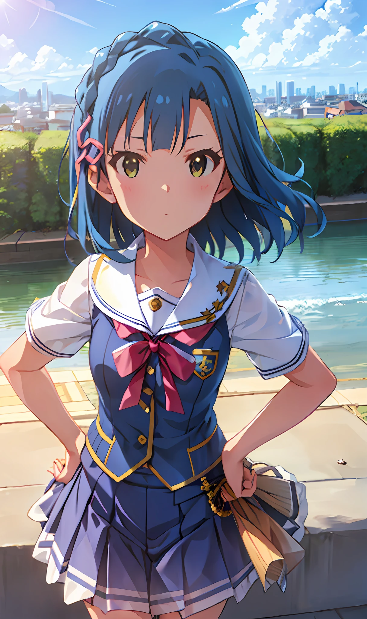 Yuriko Nanao (Million Live), (Top Quality, 8K, Masterpiece, Super Detail: 1.2), Cinematic Angle, Sun, Mottled Sunlight, Blue Sky, Beautiful Clouds, Cityscape, Lens Flare, Shine, Light Particles, Wide Shot, 1 Girl, Solo, Skirt, True Face, Watch Viewer, Sailor Color, Pleated Skirt, Short Sleeves, School Uniform, Blush, Serafuk, Clavicle, Ribbon, Upper Body, Adjusted Hair, Wind, Floating hair, looking straight ahead, looking at the camera, putting your hands on your hips and stretching your chest.