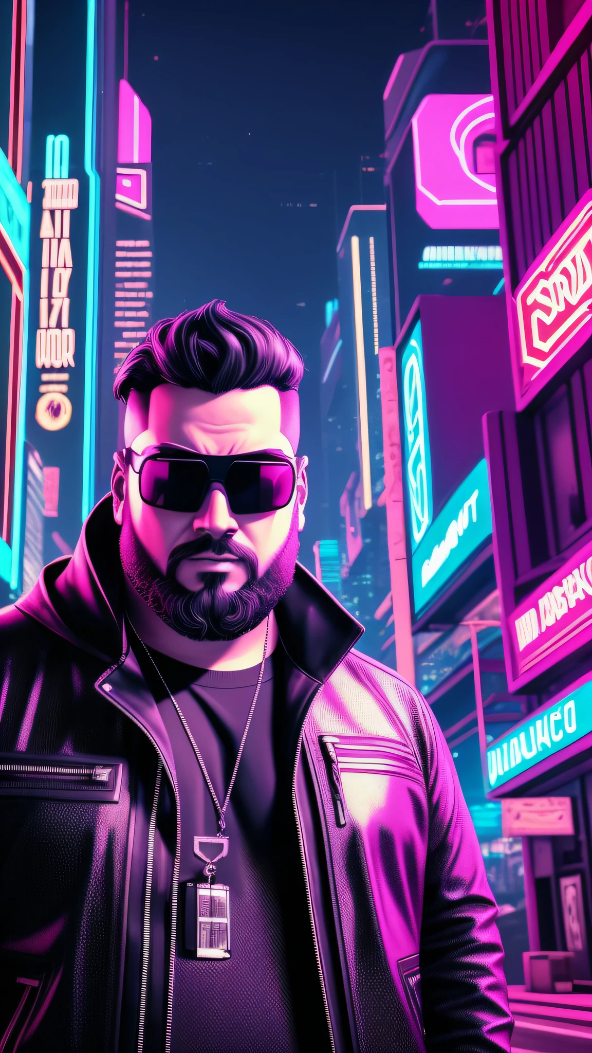 A bearded fat man in black jacket and glasses stands in front of a futuristic city, VR game, cyberpunk vibe, cyberpunk vibes, cyberpunk vibes, deeper into the metaverse we go, has cyberpunk style, cyberpunk theme, in cyber punk 2077, futuristic cyberpunk, cyberpunk future, synthwave, wearing cyberpunk streetwear, futuristic cyberpunk, cyberpunk tech, retro cyberpunk, synthwave style --auto --s2