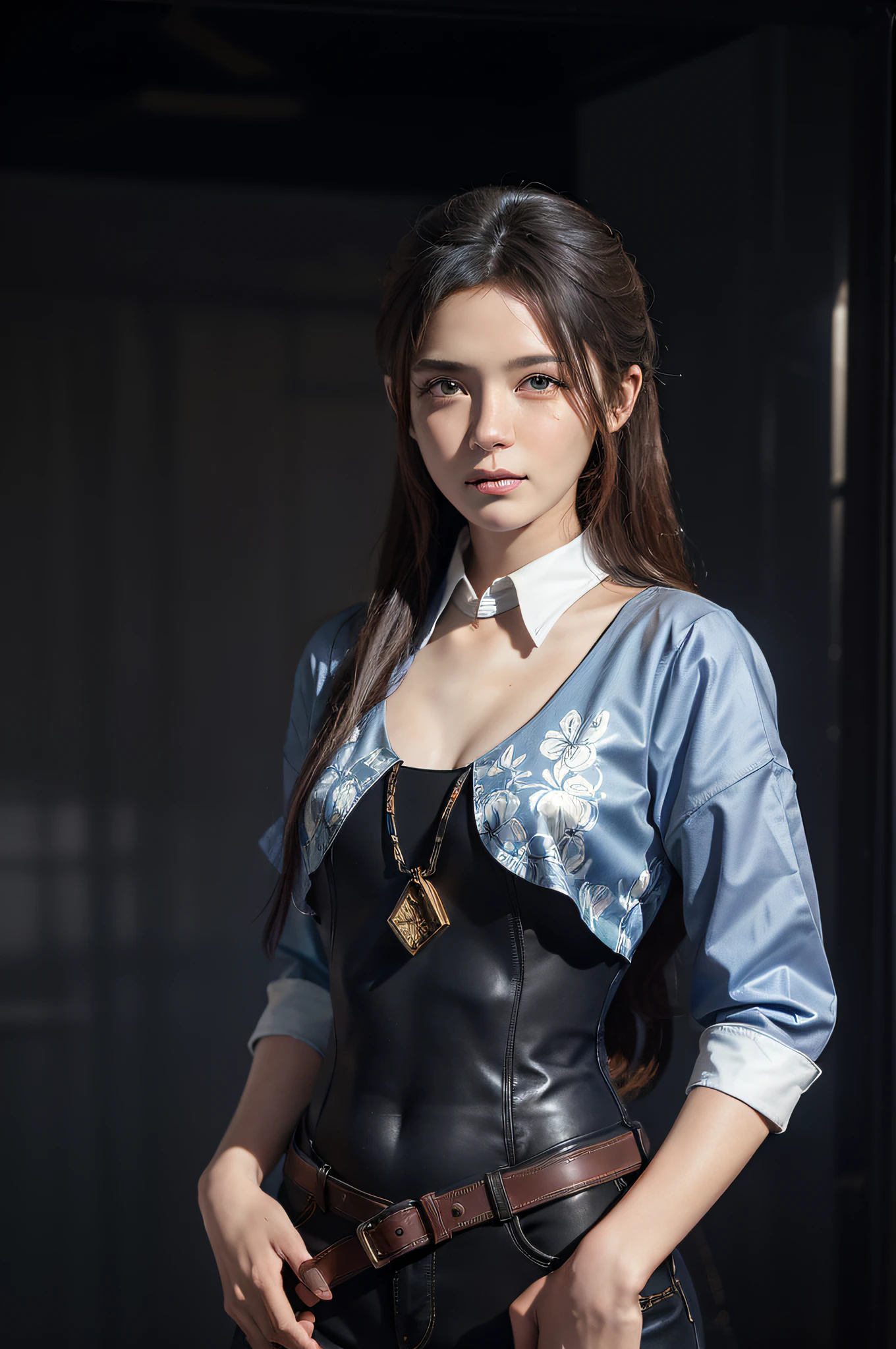 Hyperrealist portrait of female by david hockney and alphonse mucha,fantasy art, photo realistic, dynamic lighting, artstation, poster, volumetric lighting, very detailed faces, 4 k, award winning,, 1girl, in the dark, deep shadow, low key,cowboy shot,(official clothing:1.4) ,long hair,white hair,