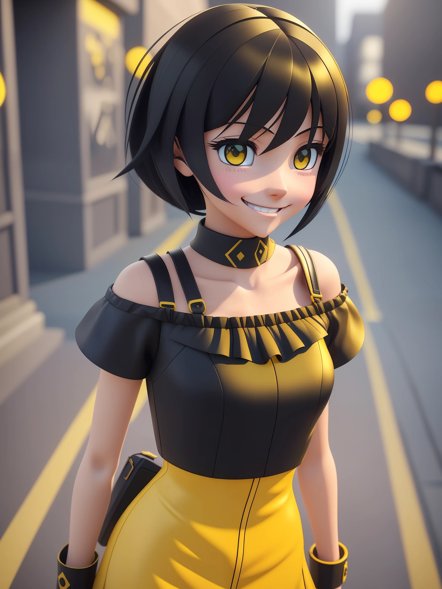 Young girl, a cartoon character dark yellow outfit, expression with ((melancholic smile)), (dark hair up to shoulder), (yellow eyes), stylized character, animation character, stylized 3d render, 3d character, highly detailed character, stylized anime, stylized 3d, render character, character model, closeup, maximum quality, walking in the city