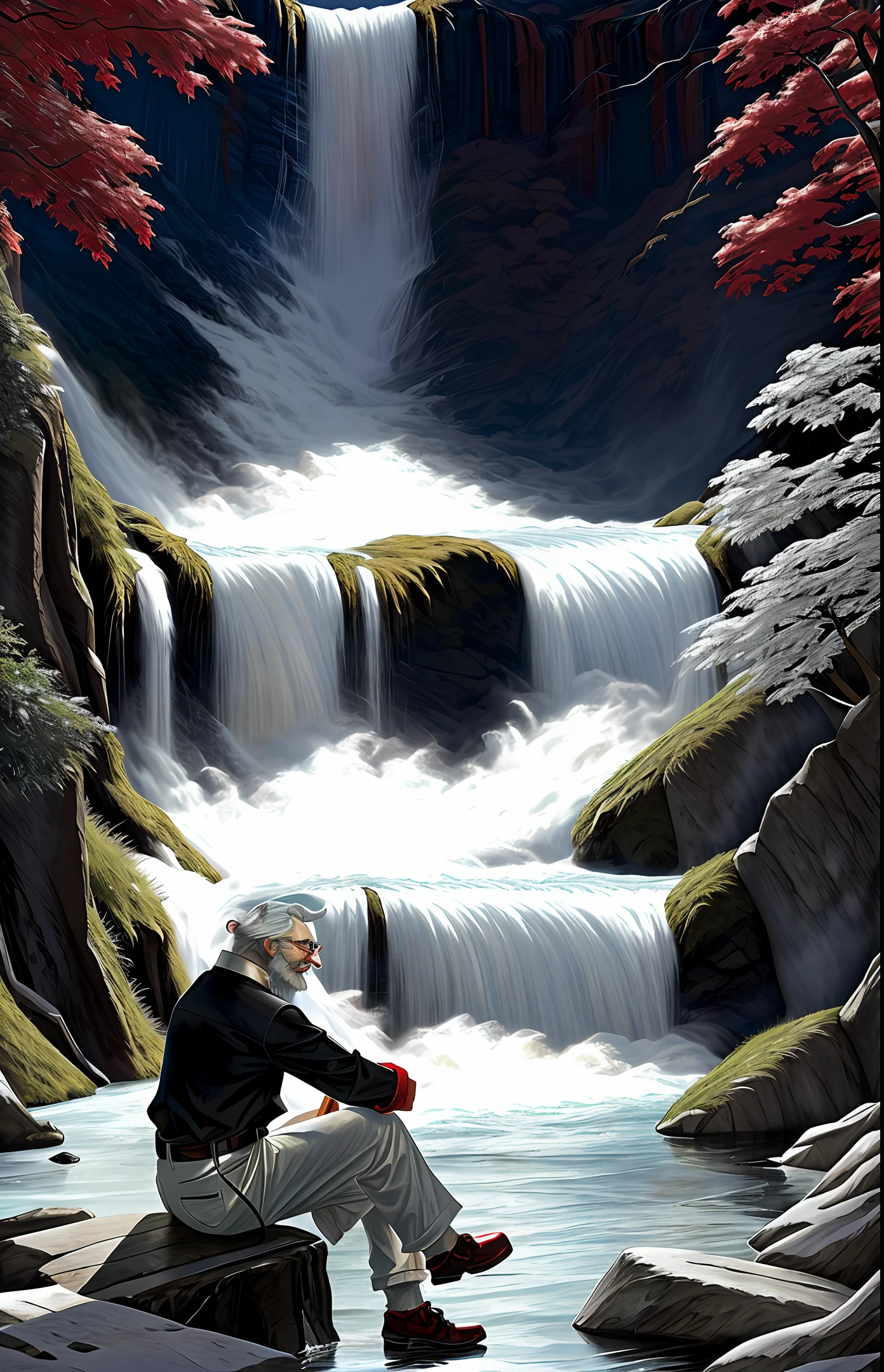 Spirit, old gentleman, black, white hair, white beard, red shirt, white pants, sitting in front of a waterfall, centered, water, old black, entity, pipe in right hand, smiling