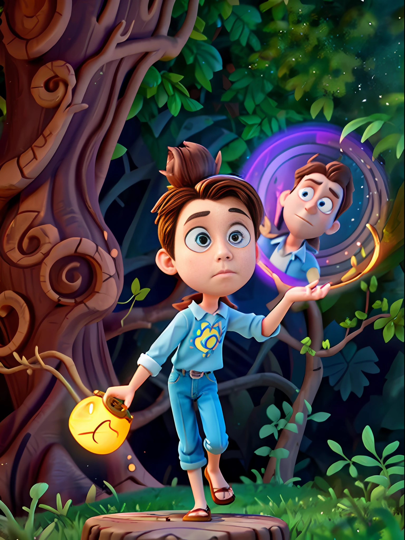 Beautiful Pixar style boy, character centered, background woods, depth of field