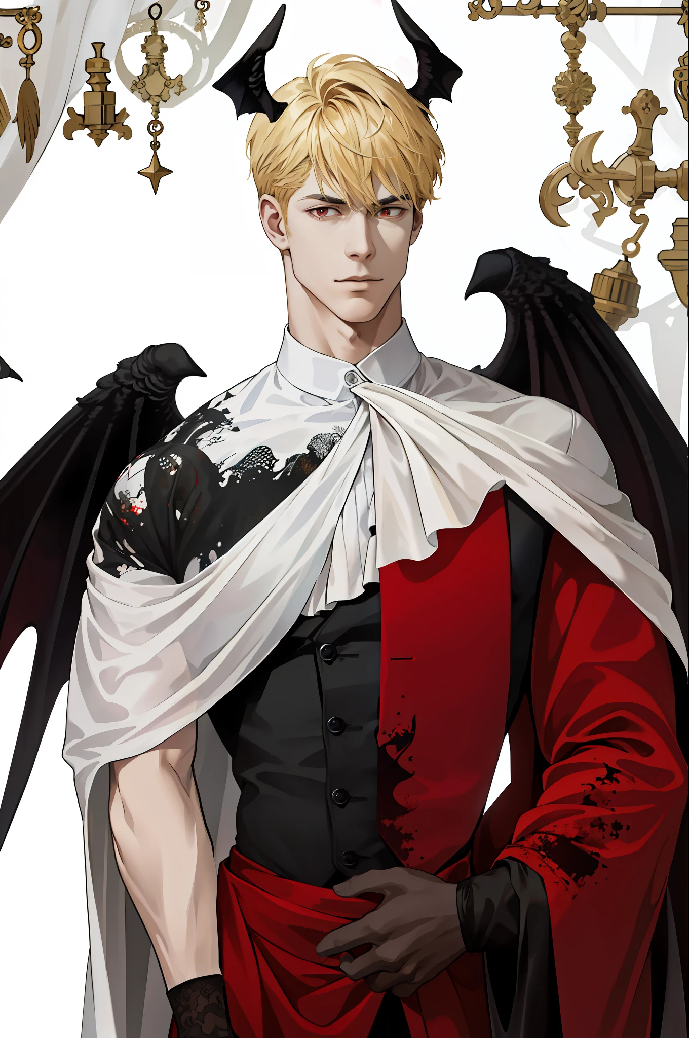 (absurd, hd, super detailed), (1 man, single, adult, mature: 1.4, age: 1.4, tall, handsome), portrait of thin eyes and face, extremely short hair, blonde hair, hair oil, distinctive hair, red eyes, (pointed chin: 1.4, thick neck: 1.4, thick eyebrows: 1.4), BREAK, hell, scary view of hell through large portals, distinctive and minimalist costumes, break,  upper body, pairs of black demonic wings on his back