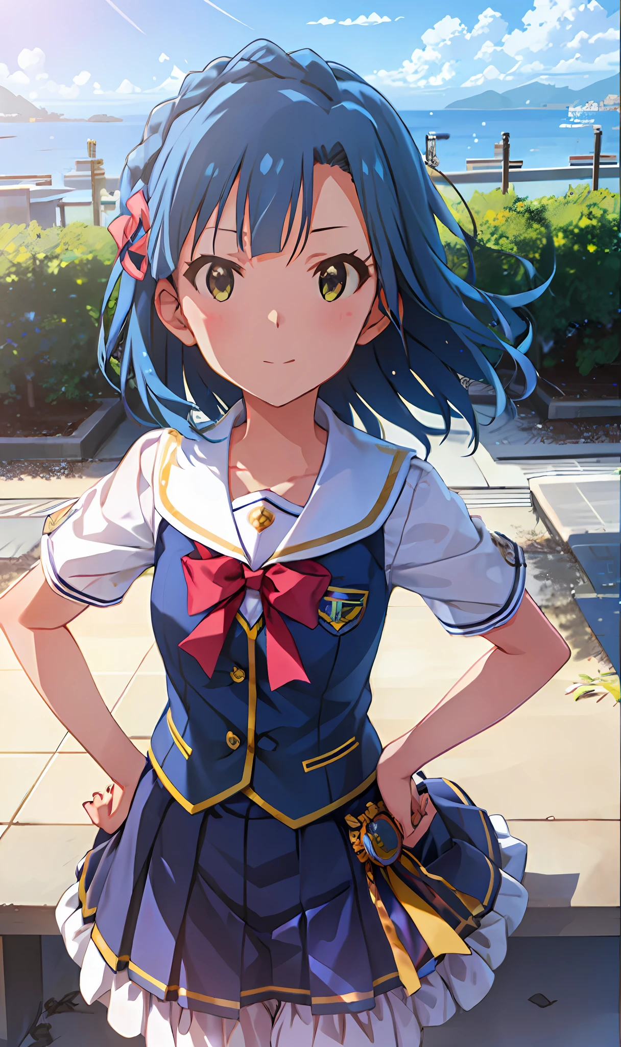 Yuriko Nanao (Million Live), (Top Quality, 8K, Masterpiece, Super Detail: 1.2), Cinematic Angle, Sun, Mottled Sunlight, Blue Sky, Beautiful Clouds, Cityscape, Lens Flare, Shine, Light Particles, Wide Shot, 1 Girl, Solo, Skirt, True Face, Watch Viewer, Sailor Color, Pleated Skirt, Short Sleeves, School Uniform, Blush, Serafuk, Clavicle, Ribbon, Upper Body, Adjusted Hair, Wind, Floating hair, looking straight ahead, looking at the camera, putting your hands on your hips and stretching your chest.