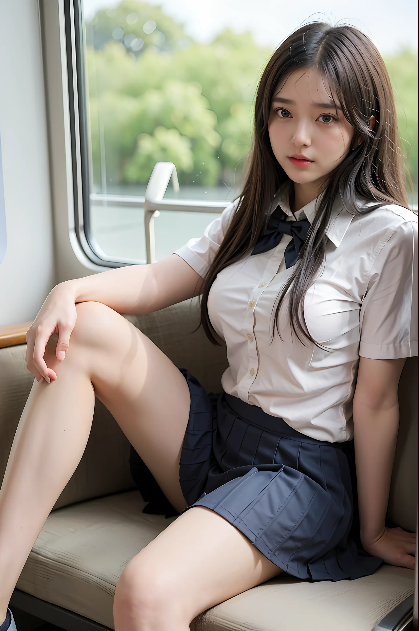 arafed asian woman in a short skirt and bow tie sitting on a train, cute schoolgirl, japanese girl school uniform, wearing japanese school uniform, japanese school uniform, a hyperrealistic schoolgirl, dressed as schoolgirl, hyperrealistic schoolgirl, wearing school uniform, realistic schoolgirl, girl wearing uniform, wearing a school uniform, of a schoolgirl posing, full body, nice skin, glowing skin, nice thighs,glowing thigh, glowing legs