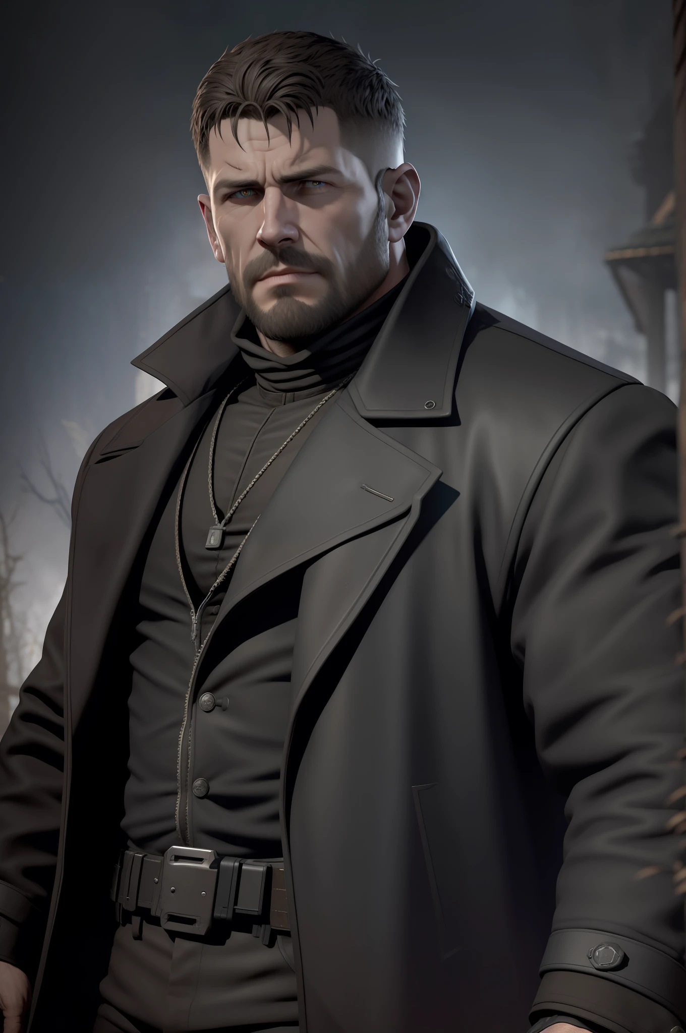 Dark gothic corrupted Transylvania village from the 1800s in the background, old Chris Redfield from Resident Evil 8, big black coat, black long sleeves, black pant, bearded, holding a rifle, video games style, high resolution, dark nightime, soft lighting, best quailty, masterpiece, detailed face