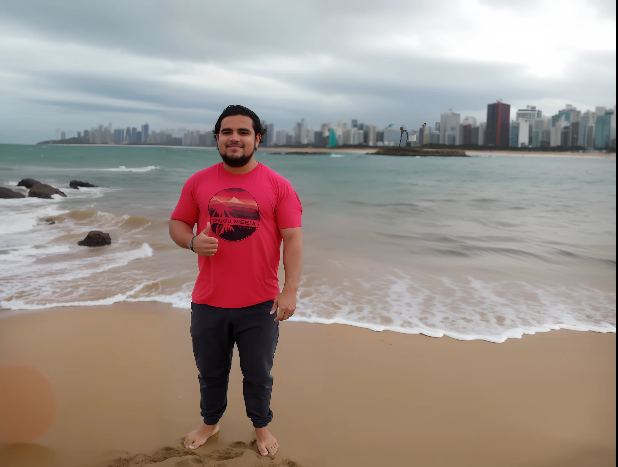 there is a man standing on the beach with a frisbee, with a city in the background, standing at the beach, caio santos, inspired by Nathan Oliveira, the ocean in the background, inspired by Antônio Parreiras, in sao paulo, ocean in the background, standing near the beach, city in the background