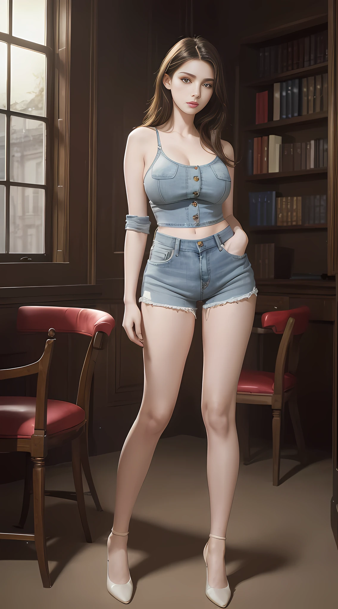 (1girl:1.3), full body, solo, __body parts__realistic skin, pale skin, big breasts, official art, unified 8k wallpaper, super detailed, beauty and aesthetics, beauty, masterpiece, best quality, in the library, soft shadows, full body, stylish tops, clothes, denim shorts, fashion girl, charm, seduction, sexy figure