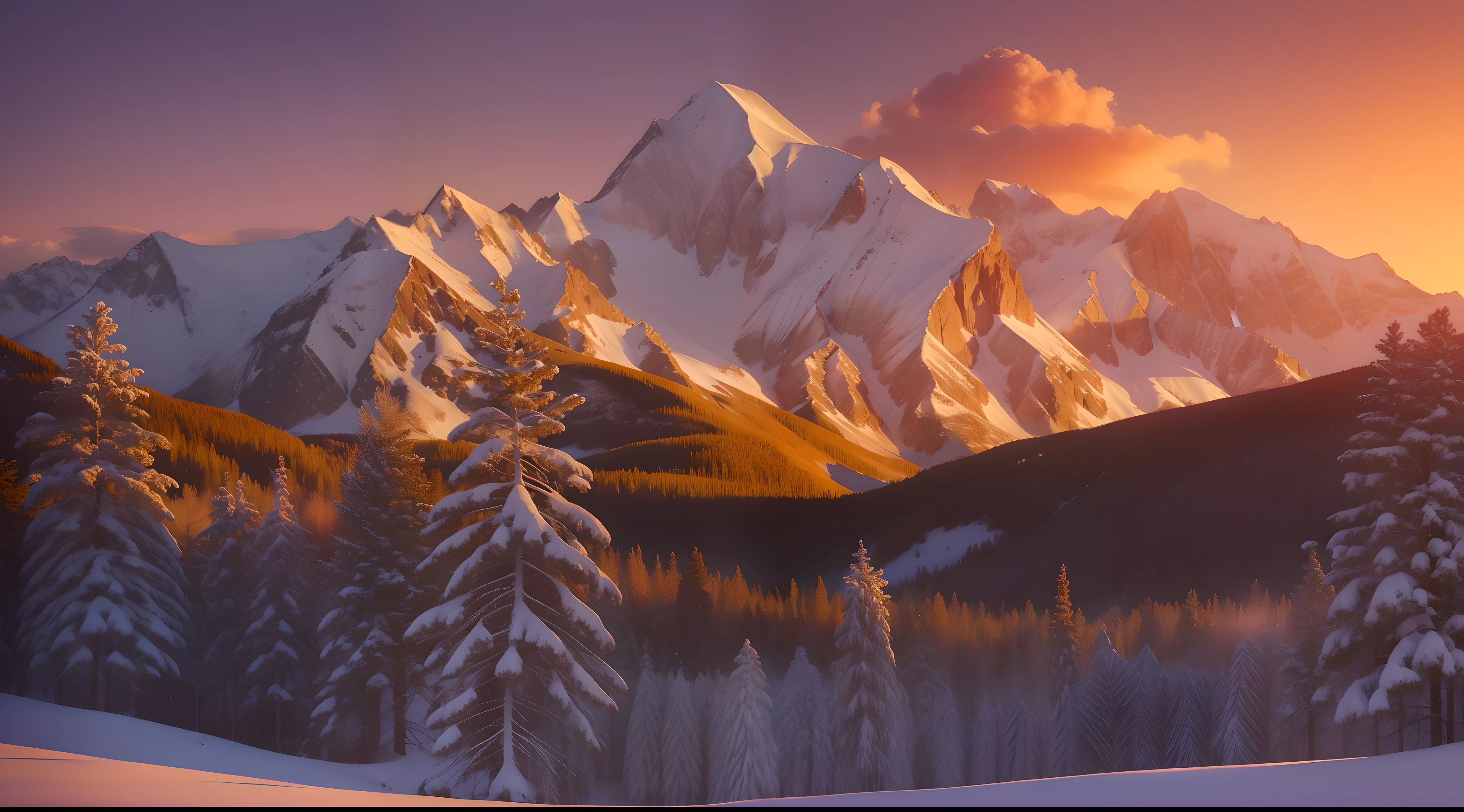 Golden snow-capped mountains, forests, trees, morning sunset, red clouds
