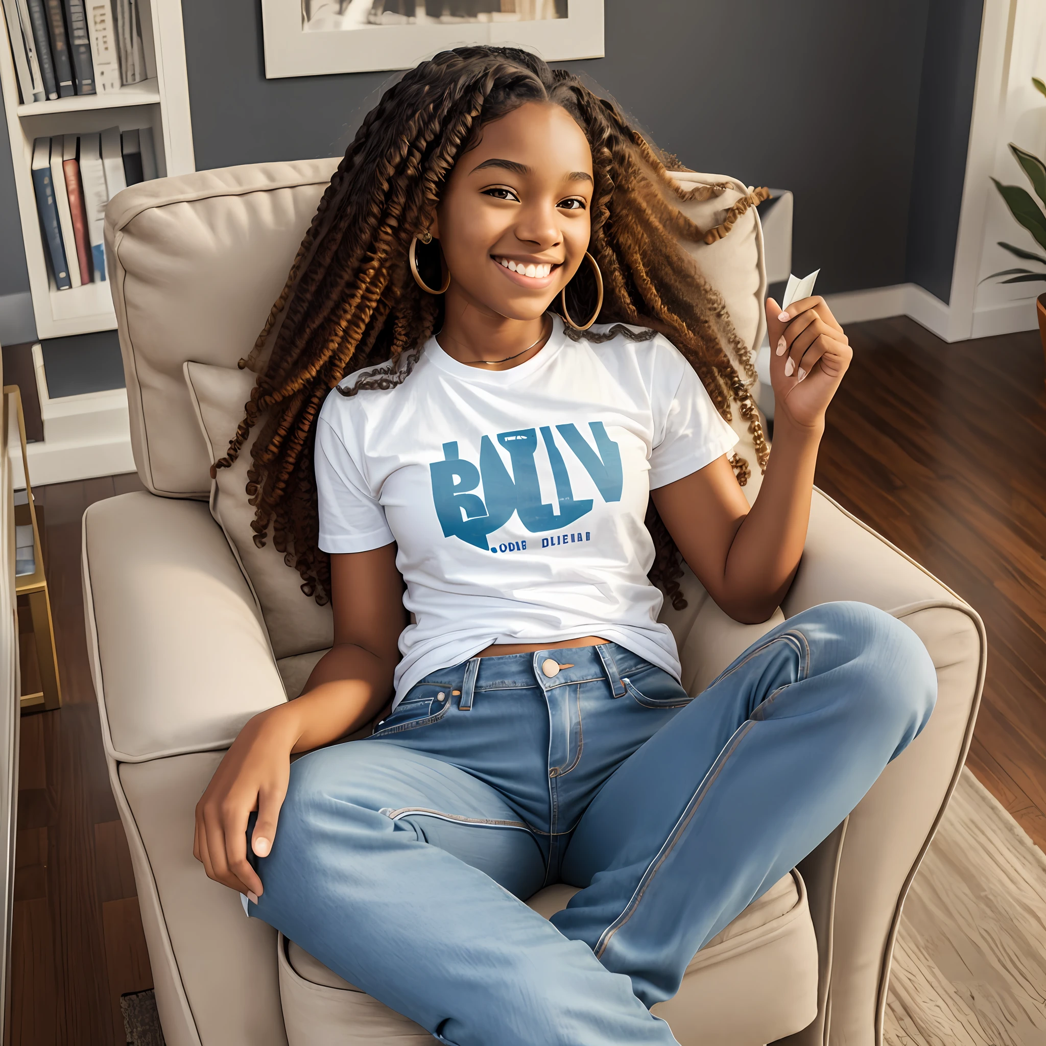 1girl, solo, African-American with long curly hair, smiling, wearing jeans and white T-shirt without print, sits in a living room armchair holding a book, 3D --auto --s2