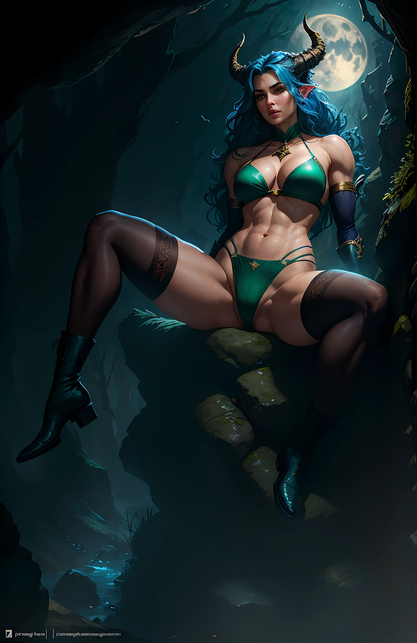 masterpiece, highest quality, solo focus, (perfect face: 1.1), (high detail: 1.1), 1 girl sitting if legs spread on a stone shaped like a druid dragonborn Druid, breasts, solo, neckline, long hair beautiful face, serious face, horns on head, long curly hair, yellow eyes, (blue skin: 2.8), perfect body, fit body, large breasts, muscular, small green thong, fish net socks, extra small bikini, full body, combat boots, open legs, sweaty crotch, wet crotch, temptation poses, see-through, thighs, bare shoulders, thick thighs, big lips, naked, pelvic curtain, forest, night, moon, detailed background, art by artgerm and greg rutkowski, cinematic lighting, vampire, castlevania, fantasy rpg, blue hair, medium shot, light beam, cameltoe, small tight